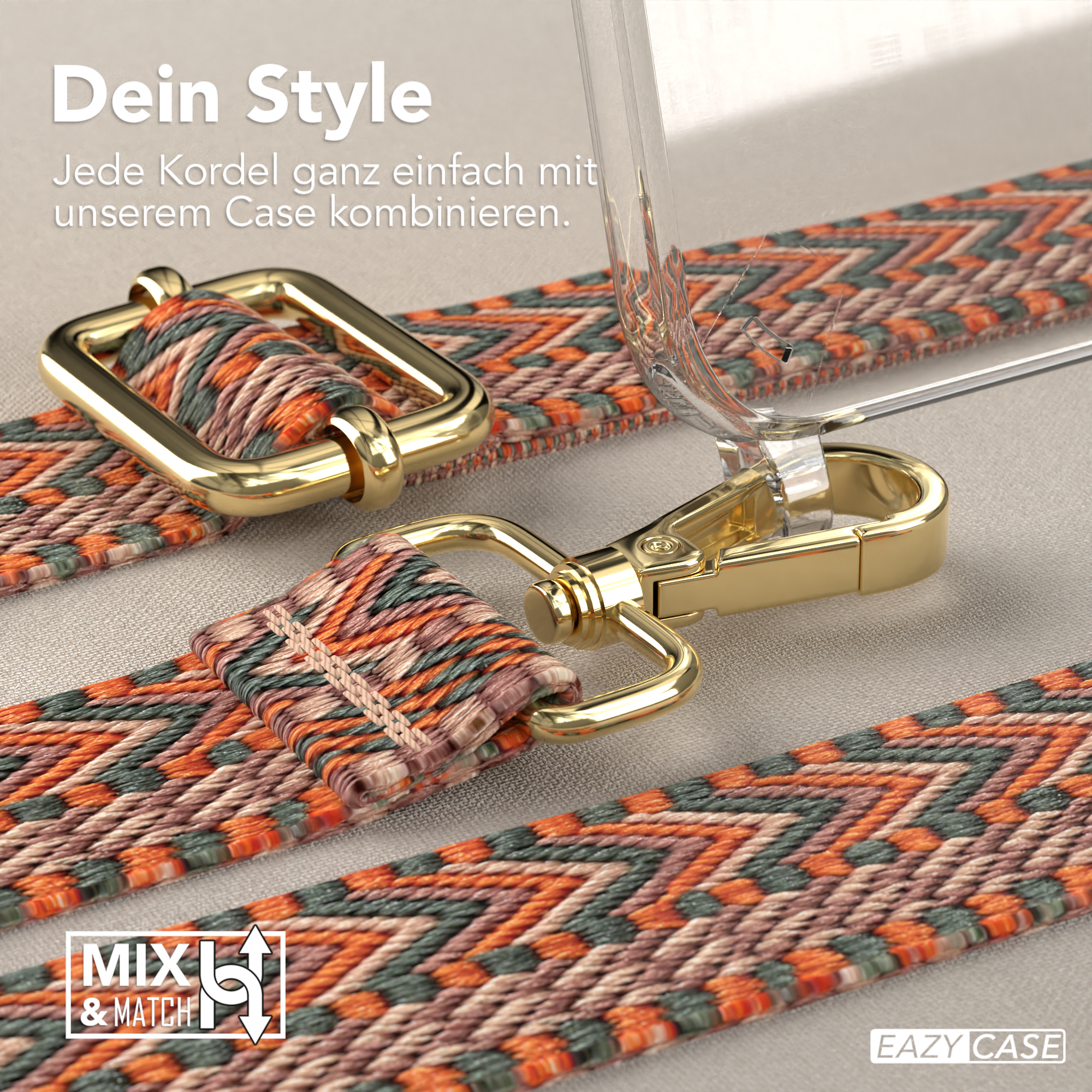 Nahaufnahme einer Handyhülle mit gemustertem Riemen, goldener Hardware. Überschrift: Dein Style.