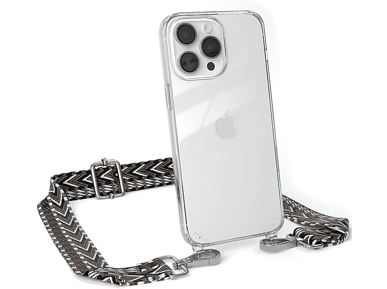 EAZY CASE Transparente mit Grau / Schwarz iPhone Pro Boho Kordel Umhängetasche, Handyhülle 14 Max, Apple, Style