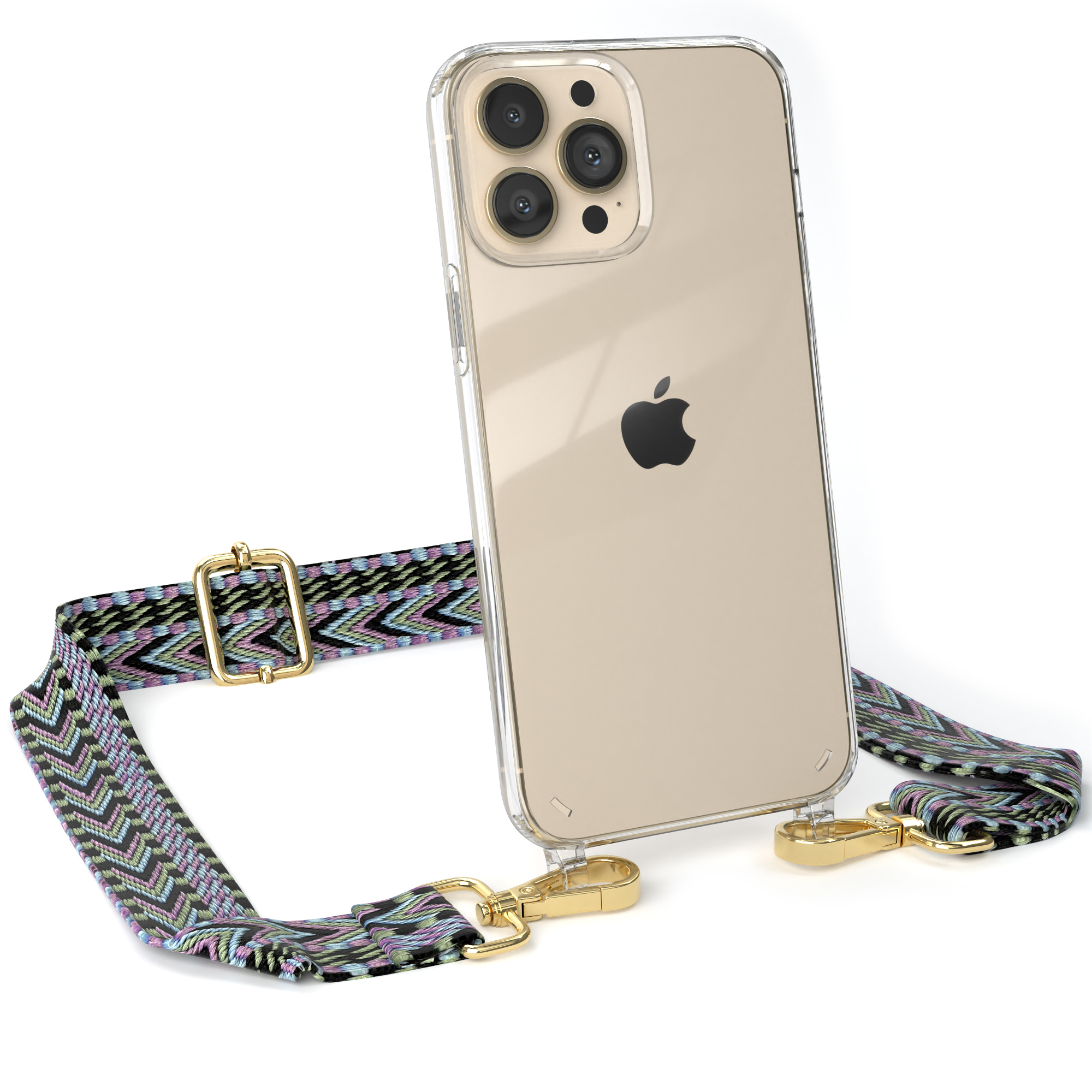 Transparente Handyhülle mit einem mehrfarbigen Band. Telefon hat drei Kameras. Weißer Hintergrund.
