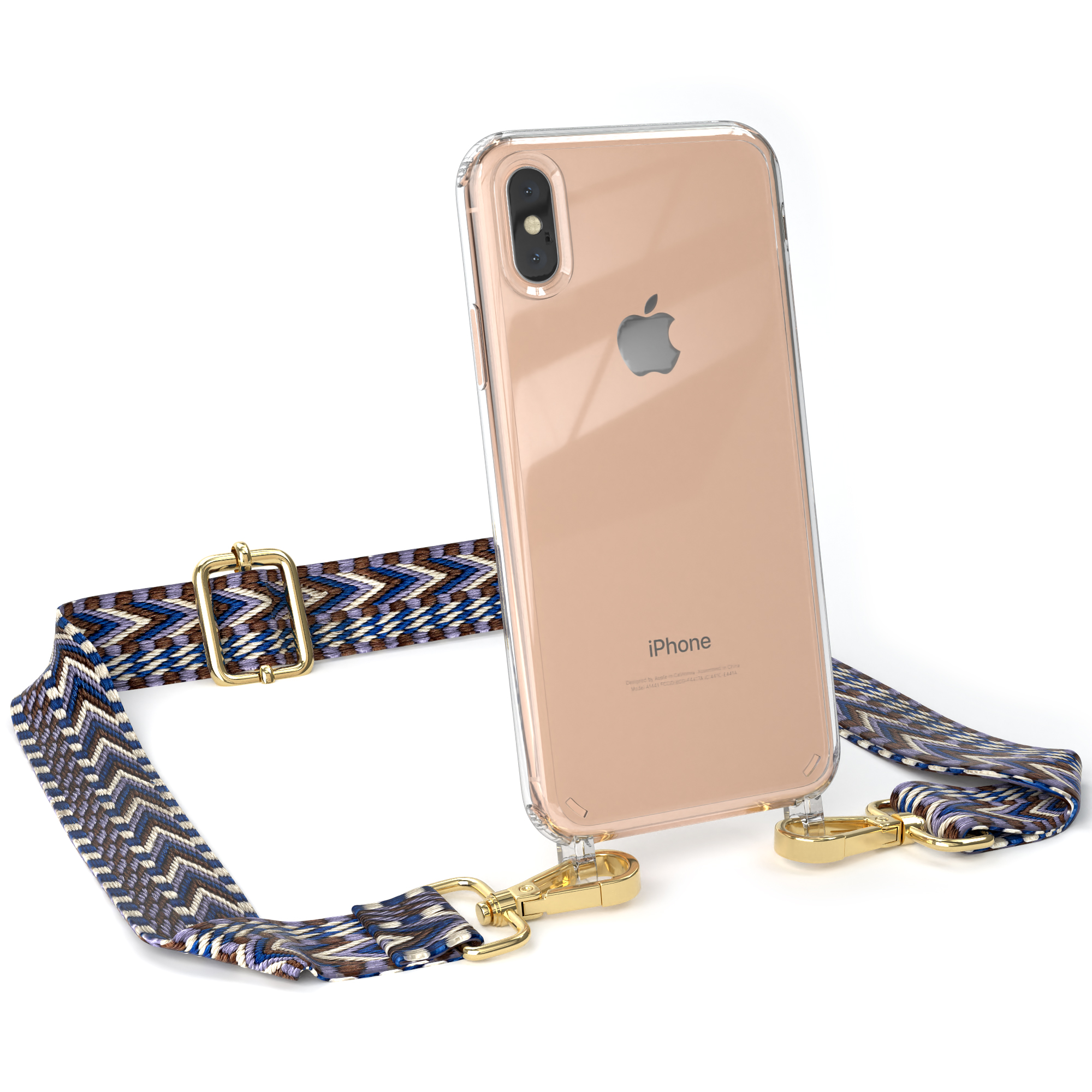 Transparente iPhone-Hülle mit blau-weiß gemustertem Riemen. Goldene Verschlüsse sichtbar.