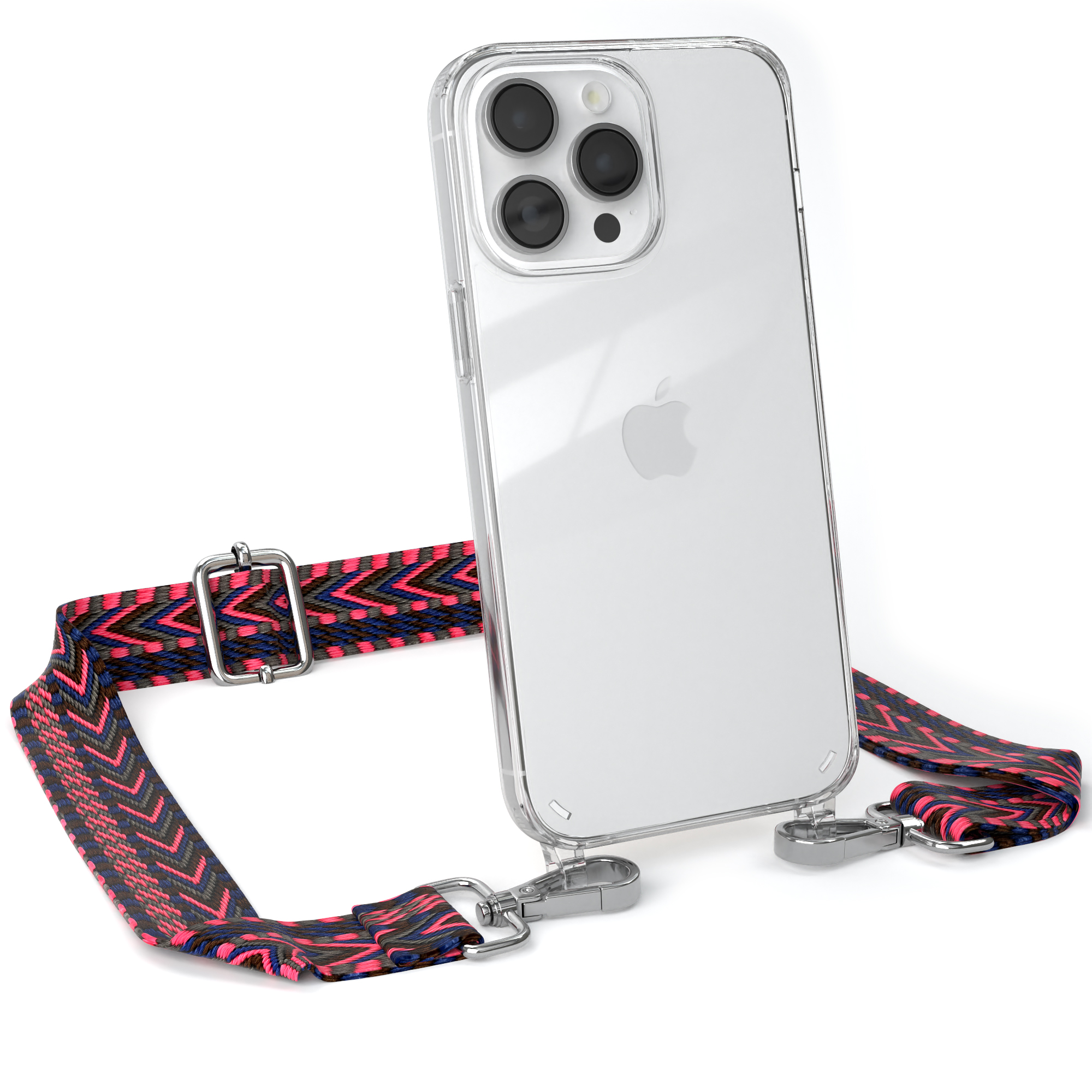 EAZY CASE Transparente Handyhülle mit Max, Pink iPhone 14 Boho Style, Pro Apple, Kordel Blau Umhängetasche, 