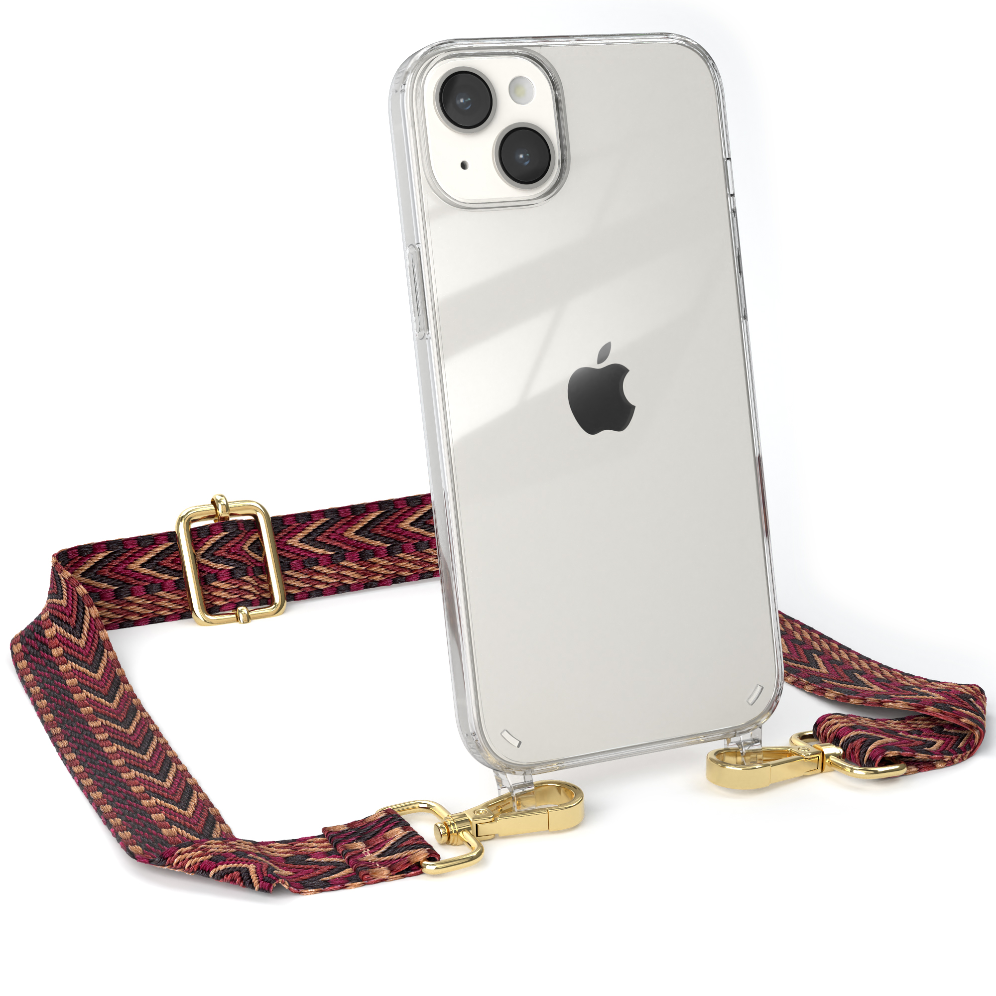 EAZY Umhängetasche, Apple, Boho iPhone Plus, Rot Kordel CASE / Transparente Braun Handyhülle 14 mit Style,