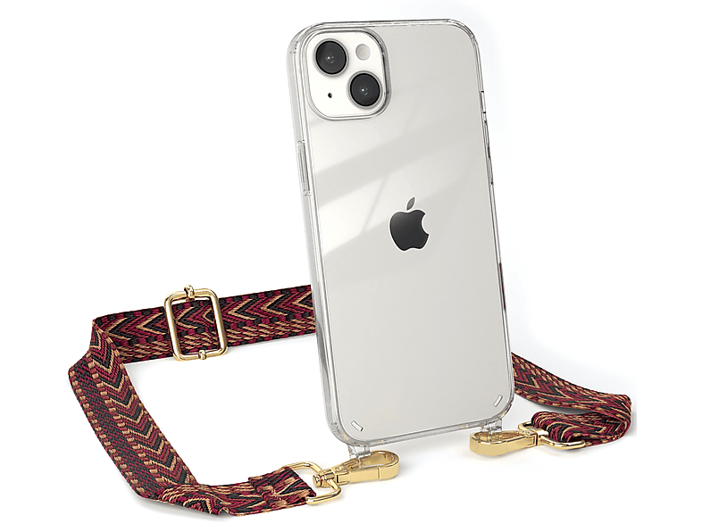 EAZY CASE Transparente Handyhülle mit Kordel Boho Style, Umhängetasche, Apple, iPhone 14 Plus, Rot / Braun