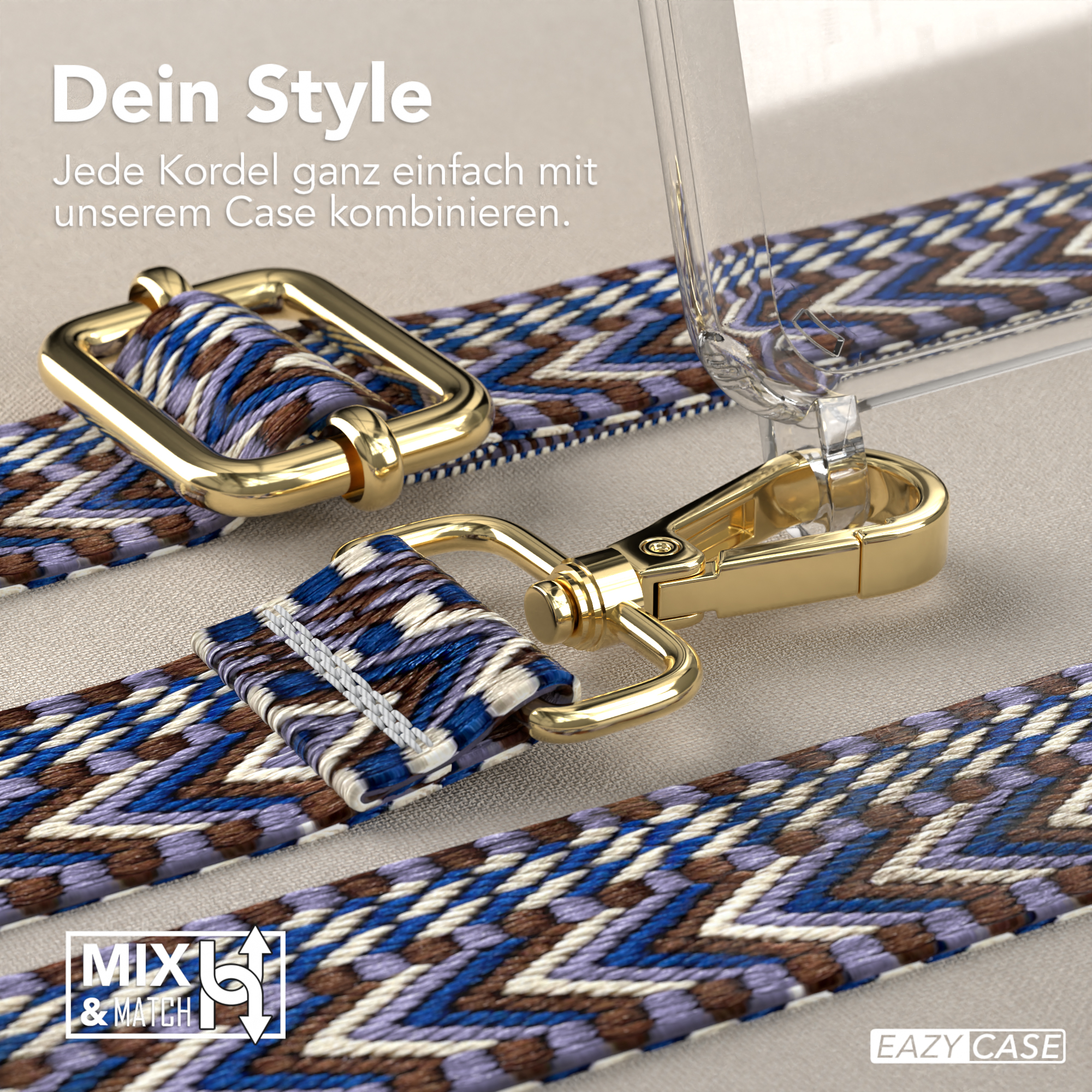 Handyhülle mit Trageband, goldener Verschluss. Blau-braunes Muster, goldene Details. Beiger Hintergrund.