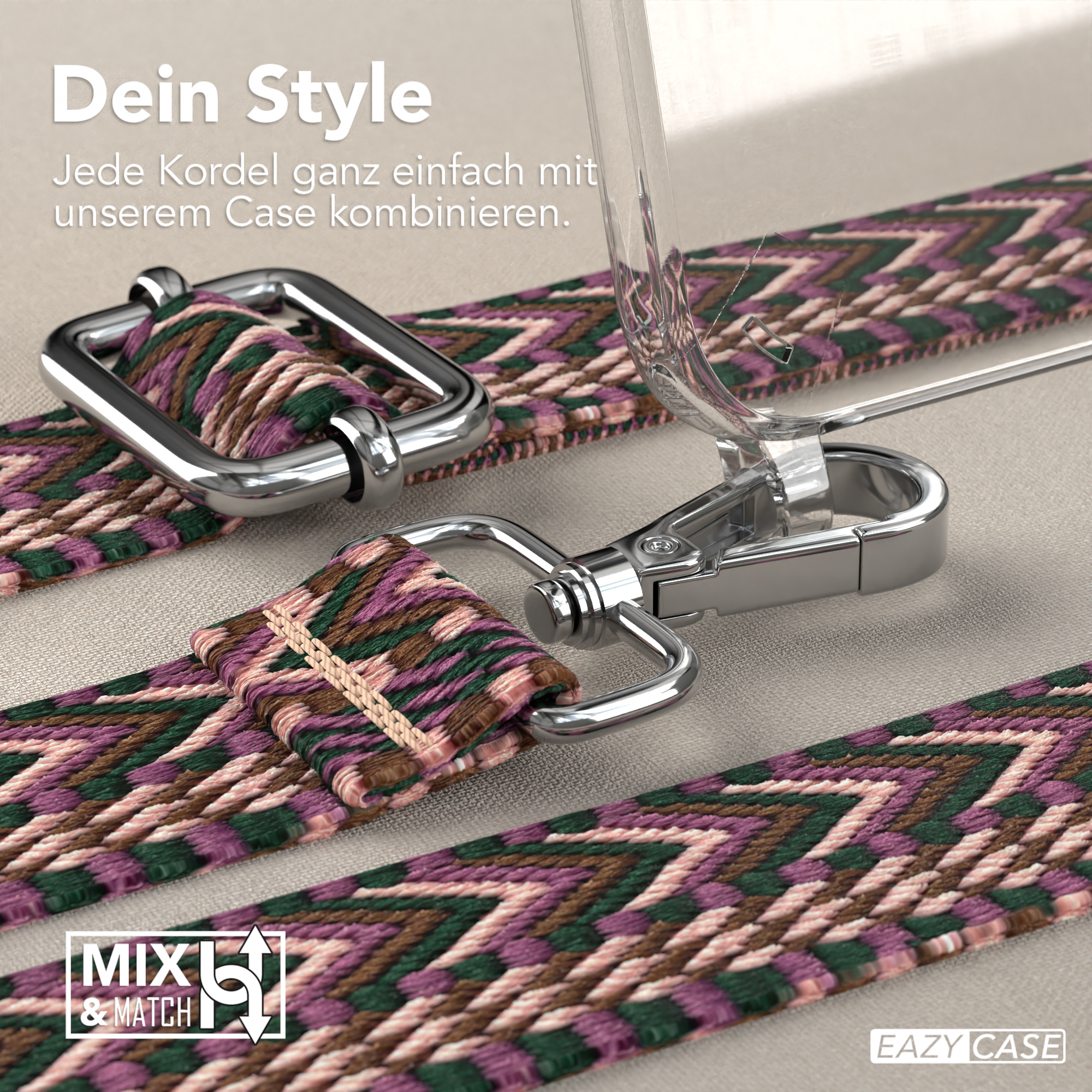 Nahaufnahme zeigt eine Handyhülle mit einem Band. Das Band ist in Lila, Pink und Grün gemustert.