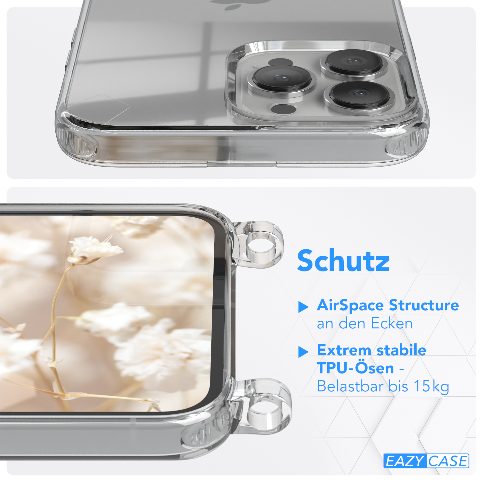 Transparente Handyhülle. Nahaufnahme der Hülle mit Telefon im Inneren.
