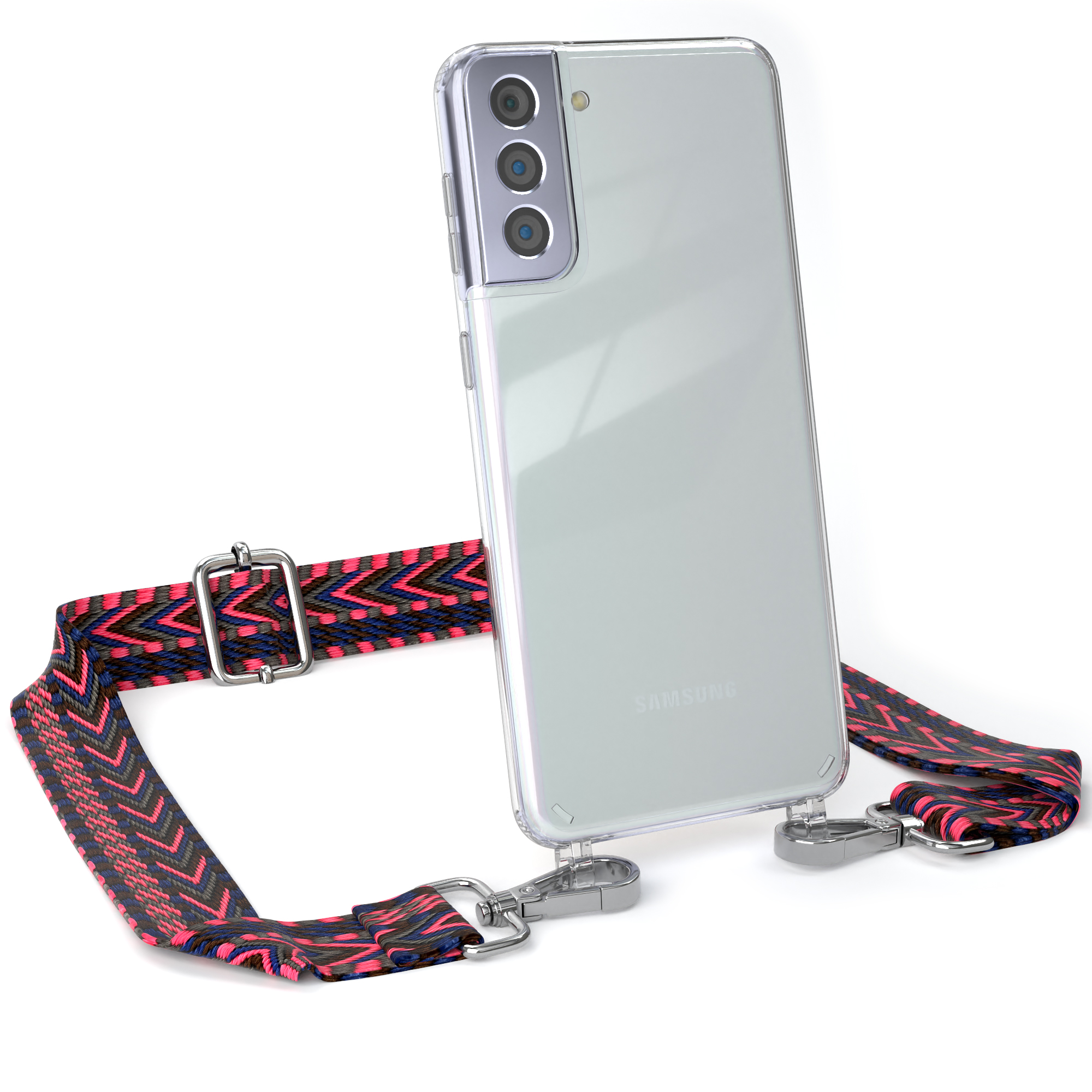 Transparente Handyhülle mit Riemen. Samsung-Telefon gezeigt. Rosa und schwarzer Riemen. Weißer Hintergrund.