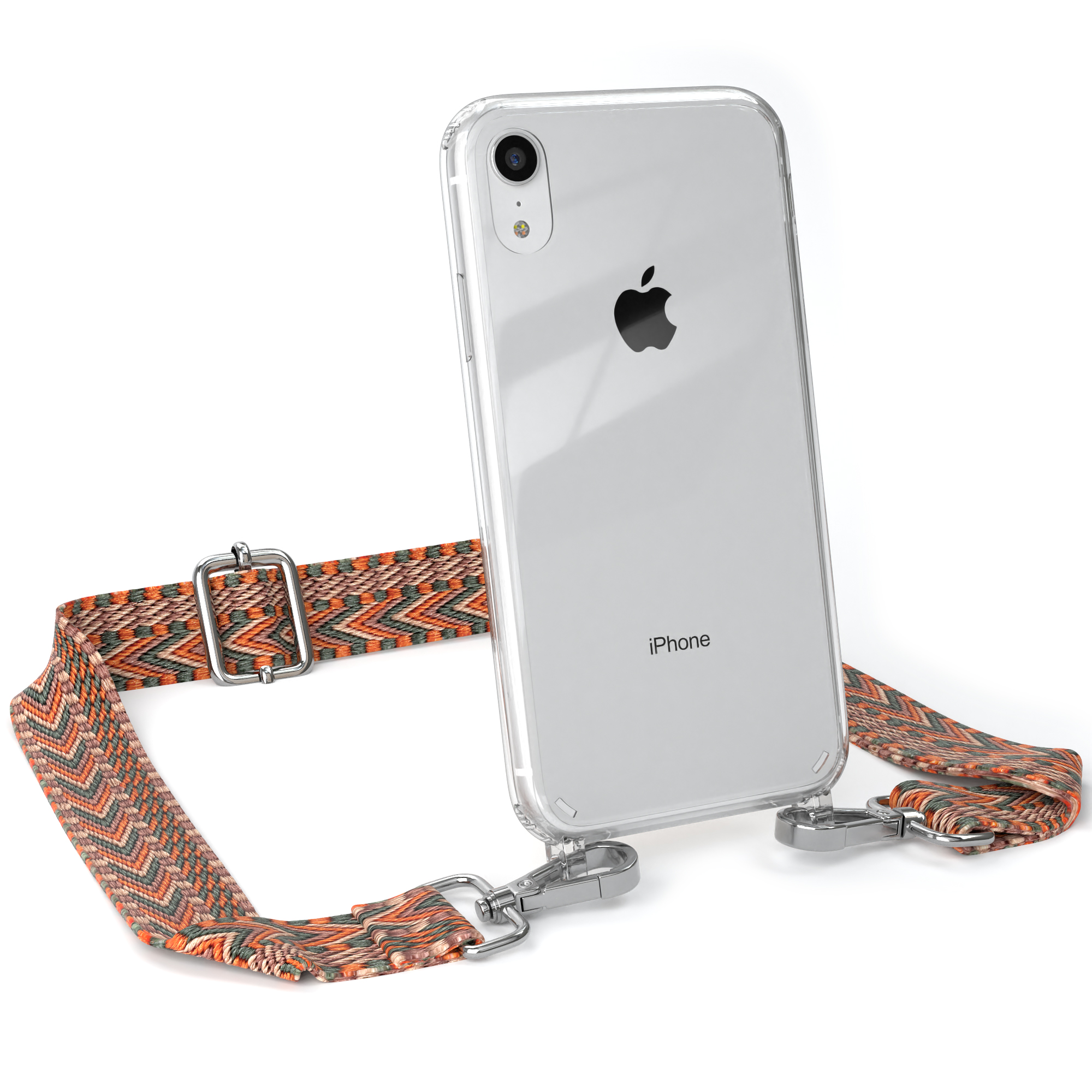 Transparente iPhone-Hülle mit Band. Das Band ist orange und grau. Weißer Hintergrund.
