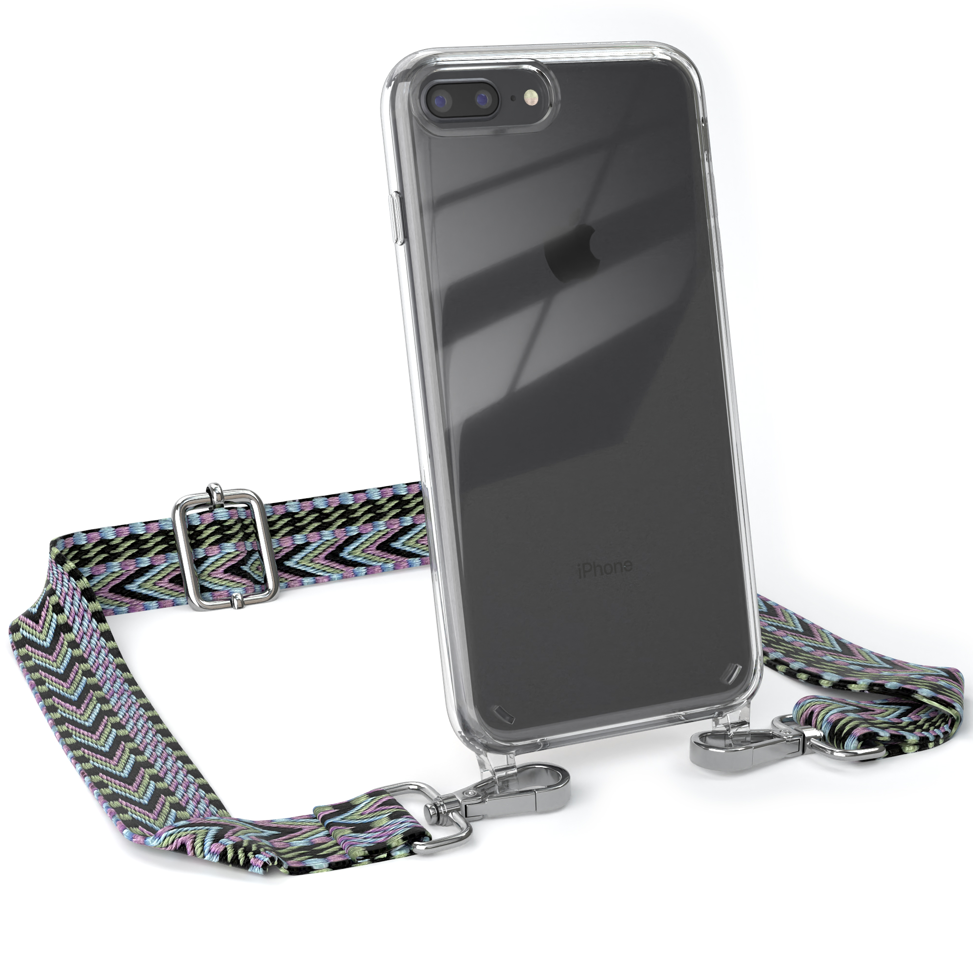 Eine Handyhülle mit gemustertem Riemen. Das Telefon ist transparent und hat ein iPhone-Logo.