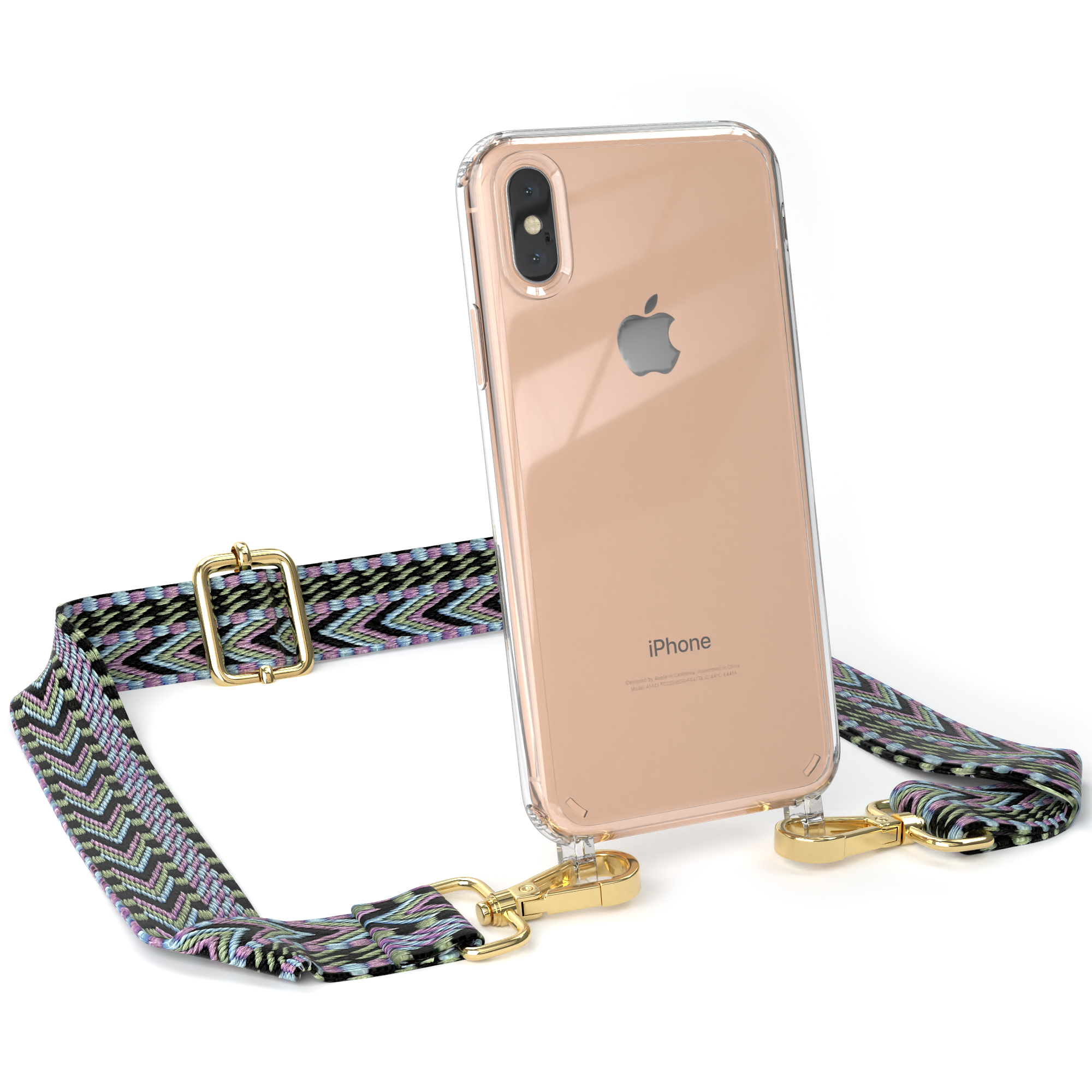 Transparente iPhone-Hülle mit gemustertem Riemen und goldenen Verschlüssen.