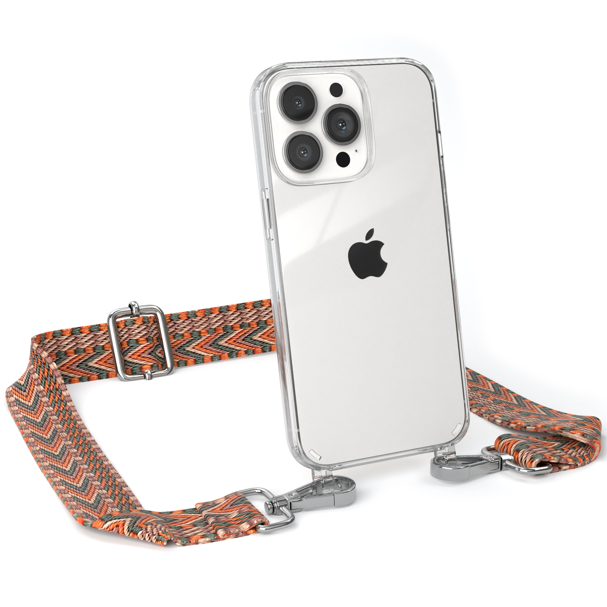 Transparente Handyhülle mit orange-grauem Gurt. Isoliert auf weißem Hintergrund.