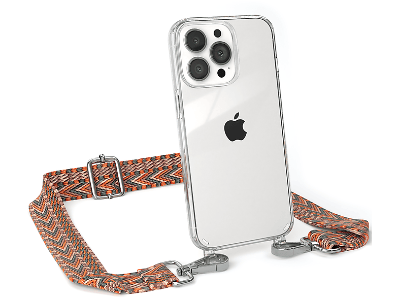 EAZY CASE Transparente Handyhülle mit Kordel Boho Style, Umhängetasche, Apple, iPhone 13 Pro, Orange / Grün