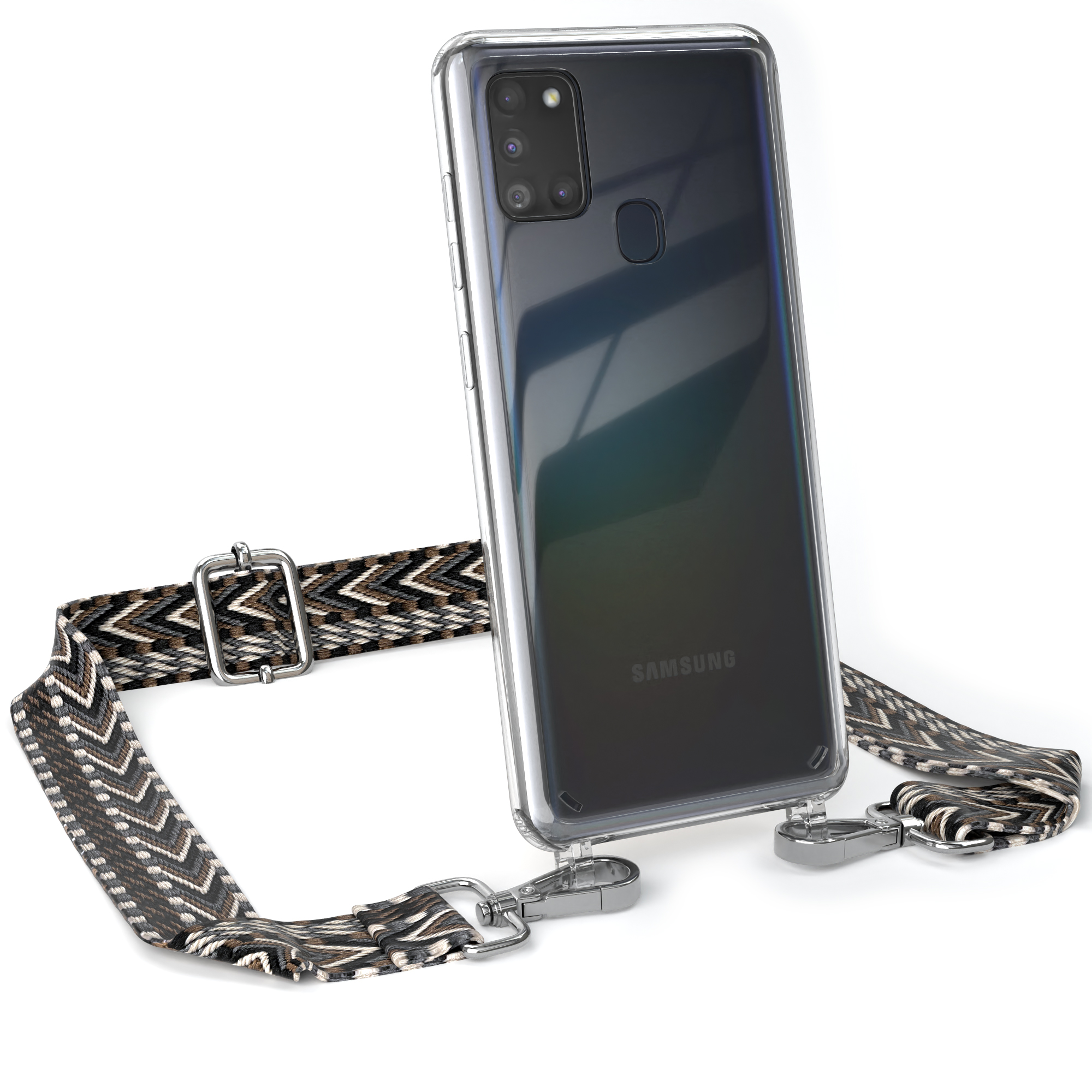Transparente Handyhülle mit Riemen. Der Riemen hat ein schwarz-braun-weißes Muster. Samsung Logo.