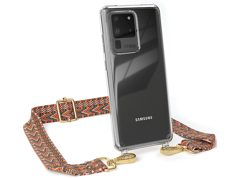 EAZY CASE Transparente Handyhülle mit Kordel Boho Style, Umhängetasche, Samsung, Galaxy S20 Ultra / S20 Ultra 5G, Orange / Grün