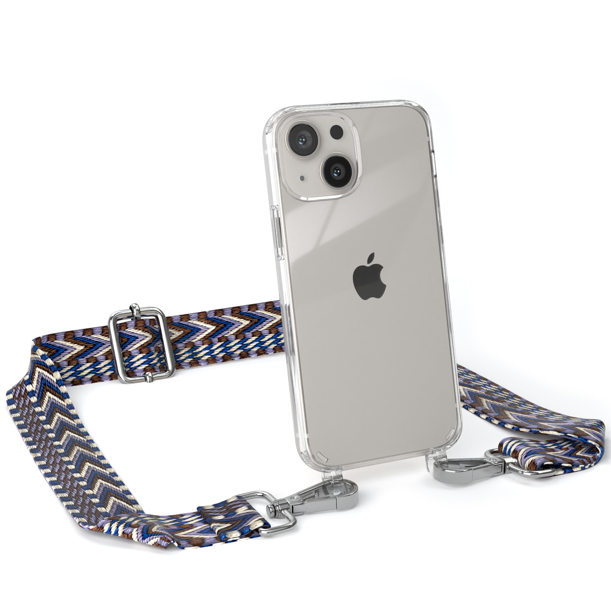 Transparente iPhone-Hülle mit Lanyard. Riemen mit blauem und braunem Zickzackmuster.
