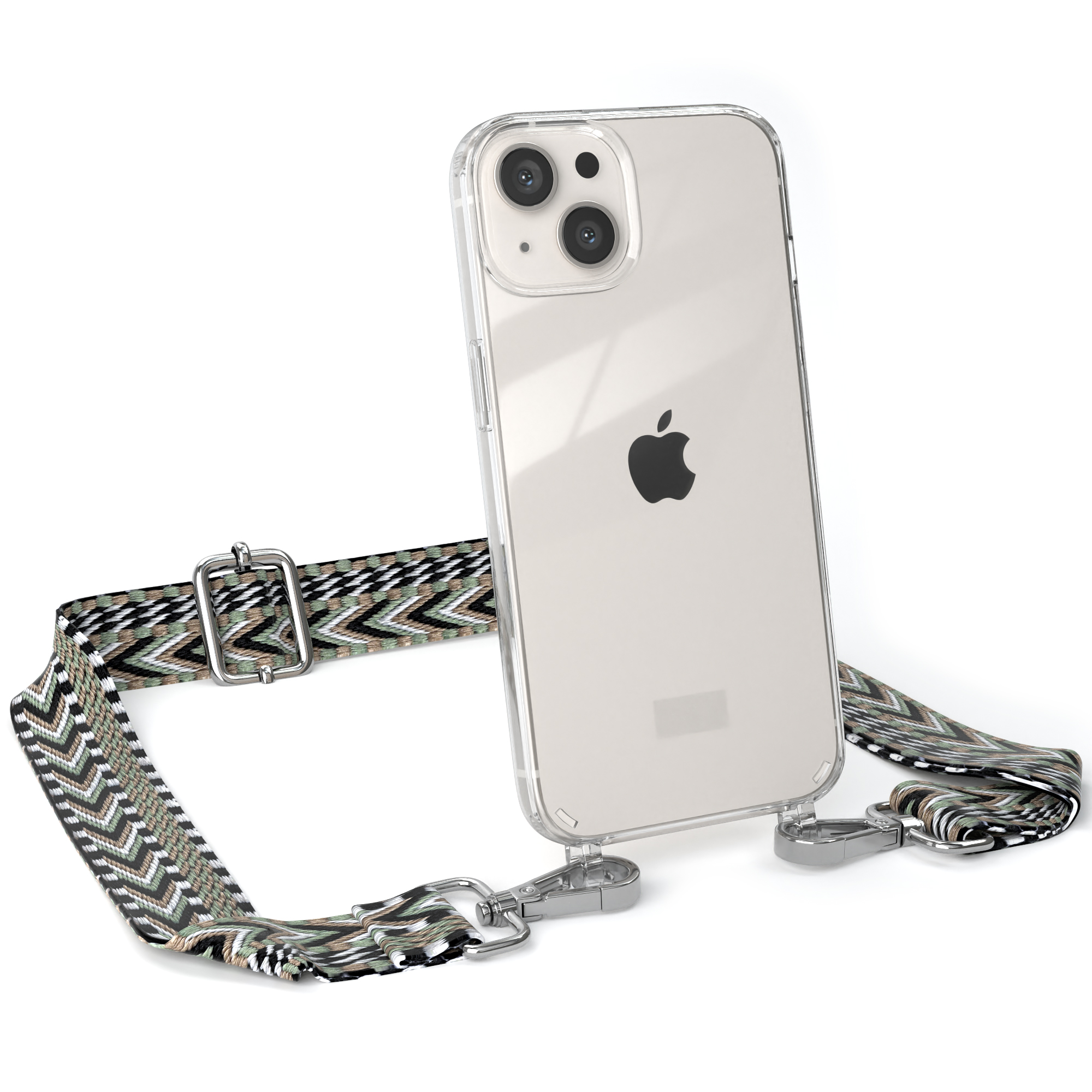 Transparente Handyhülle mit grün-weißem Band. Ein Apple-Telefon befindet sich in der Hülle.