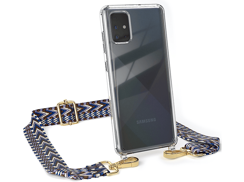 EAZY CASE Transparente Handyhülle mit Kordel Boho Style, Umhängetasche, Samsung, Galaxy A71, Blau / Weiß