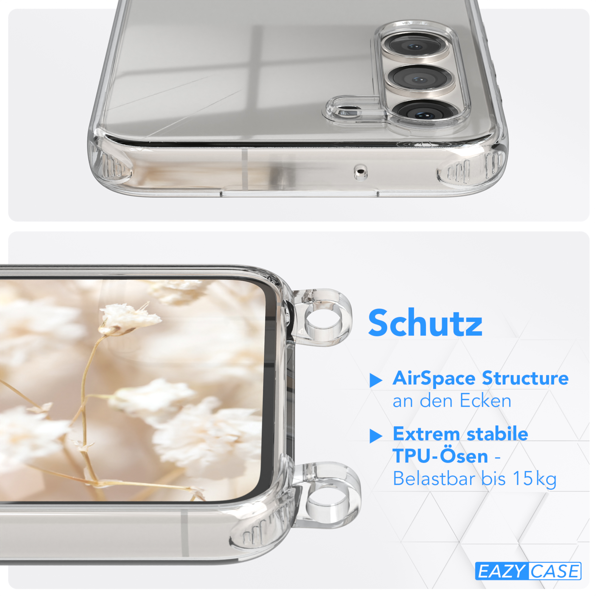 Samsung, Transparente Weiß CASE Kordel mit Handyhülle Galaxy Blau / Boho S23, Style, EAZY Umhängetasche,