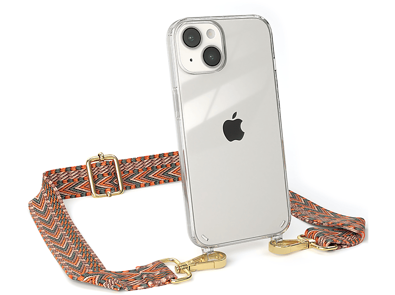EAZY CASE Transparente Handyhülle mit Kordel Boho Style, Umhängetasche, Apple, iPhone 14, Orange / Grün