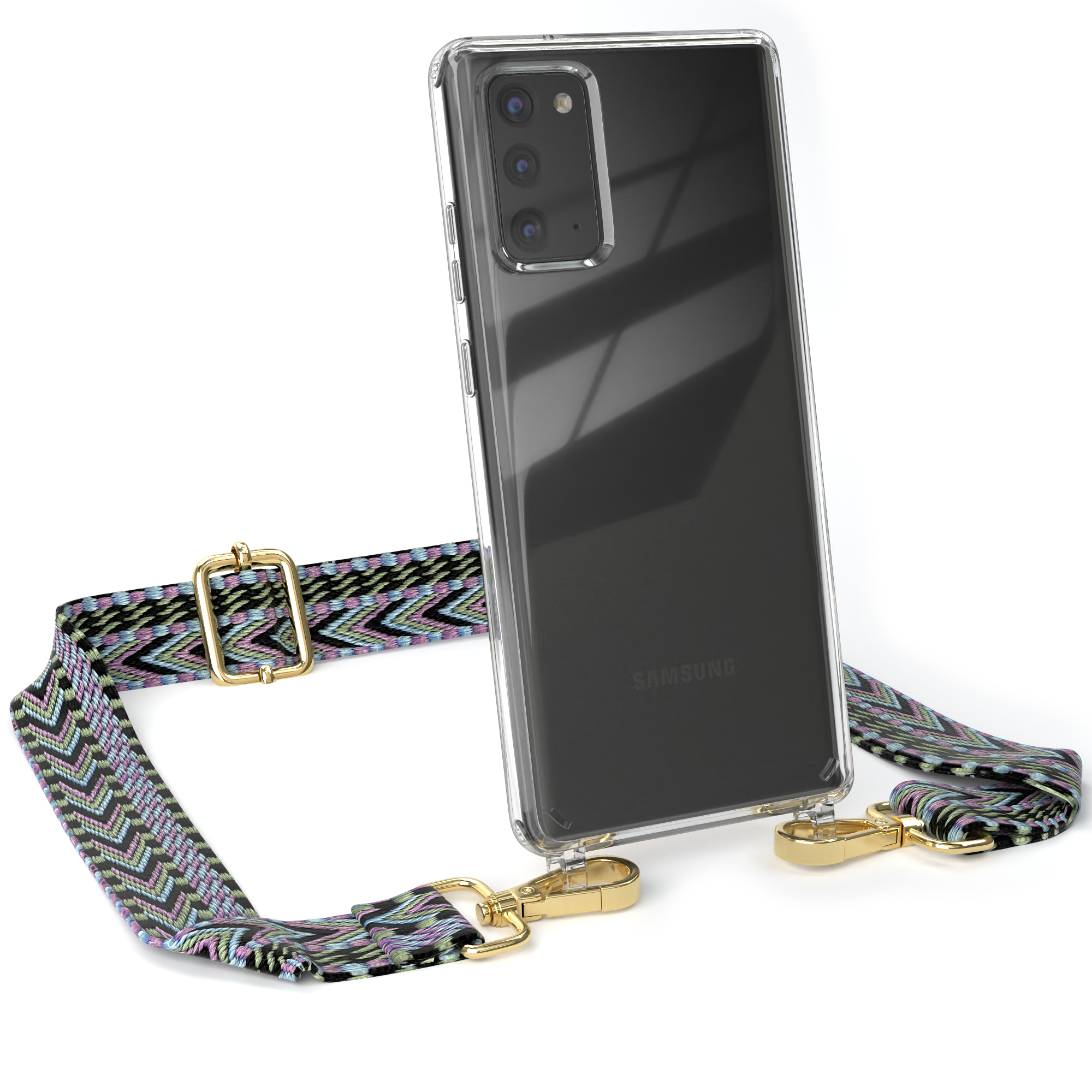 Transparente Handyhülle mit Riemen, schwarzes Telefon, mehrfarbiger Riemen, goldene Verschlüsse.