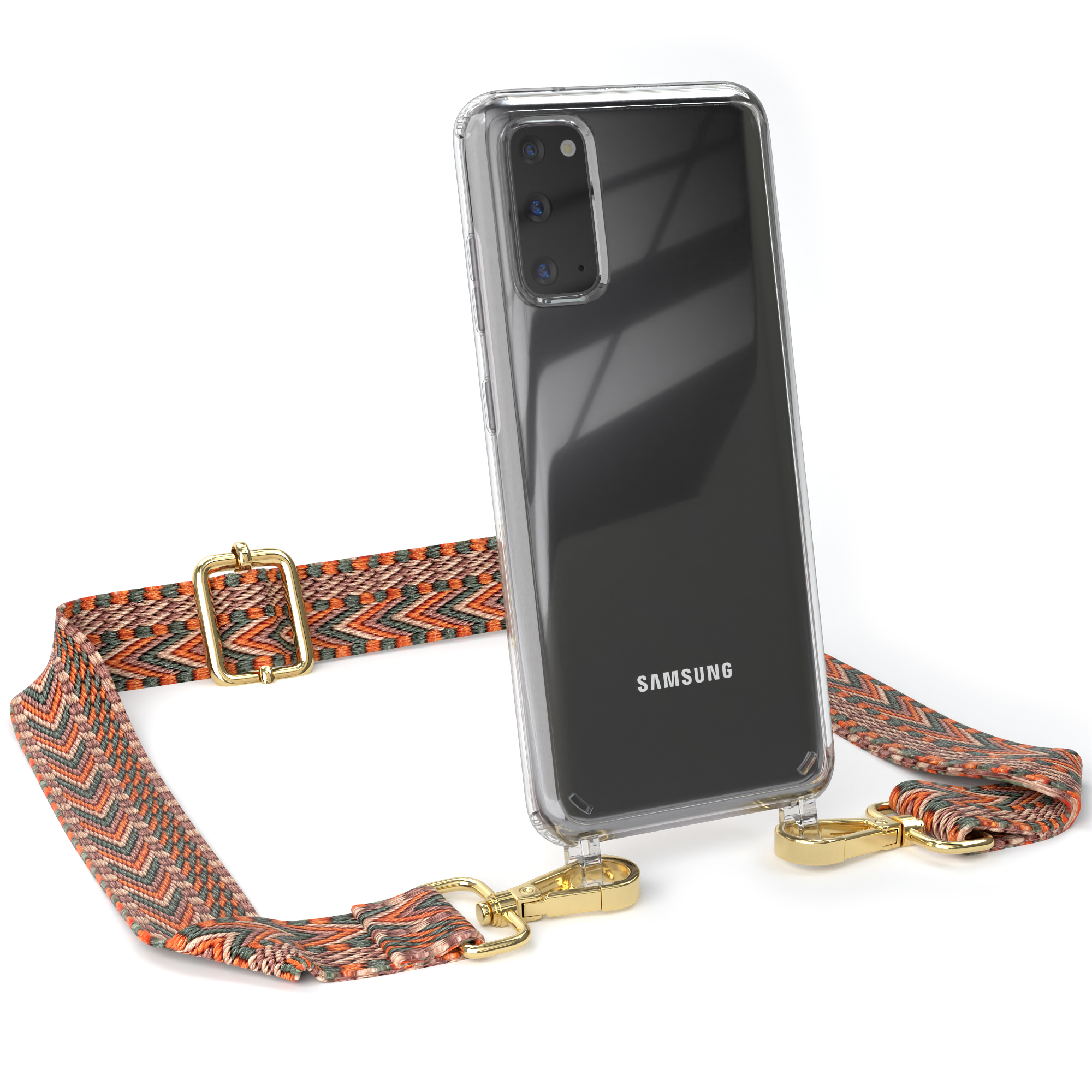 EAZY CASE Transparente Handyhülle mit Style, Samsung, S20, Boho Umhängetasche, Kordel / Grün Orange Galaxy