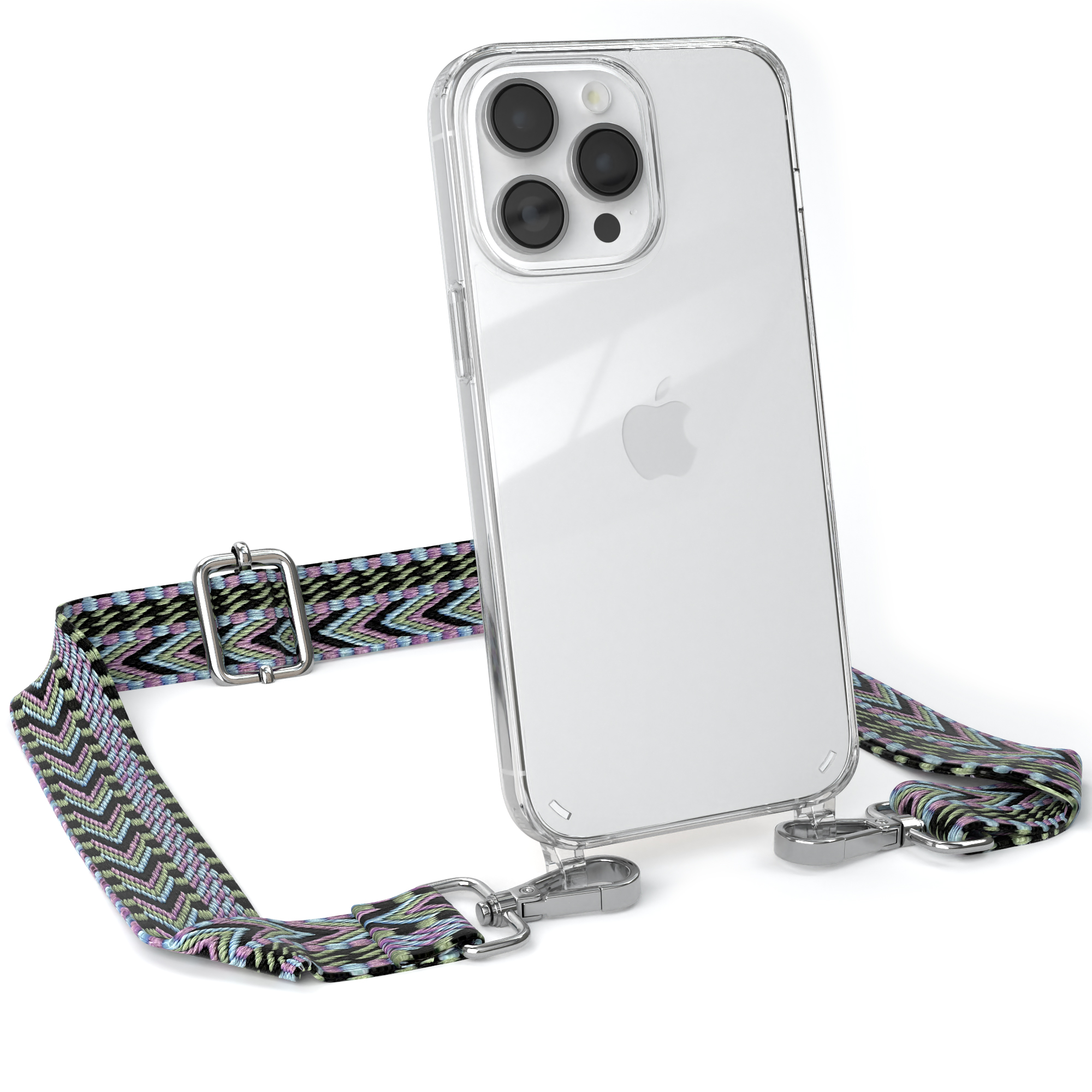 Transparente Handyhülle mit iPhone, Gurt mit Zickzackmuster und silbernem Verschluss.