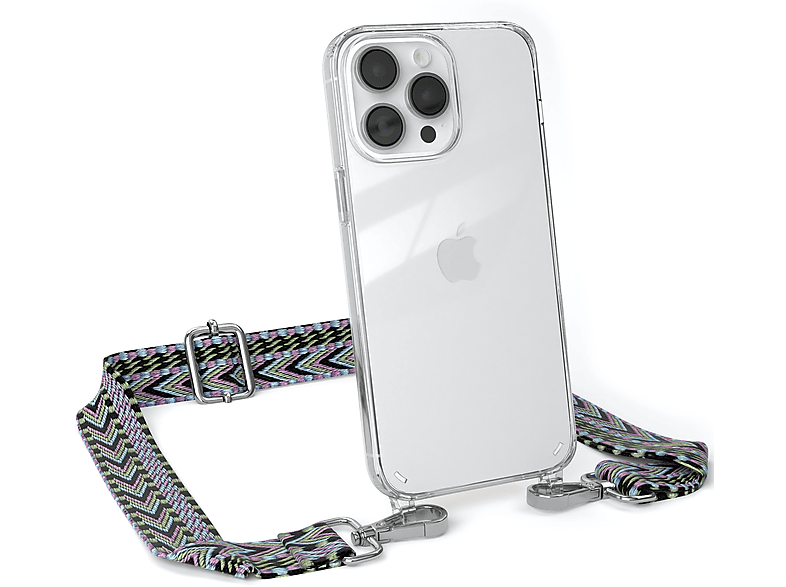 EAZY CASE Transparente Handyhülle mit Violett Style, Apple, Grün Pro / Max, iPhone Umhängetasche, Kordel Boho 14