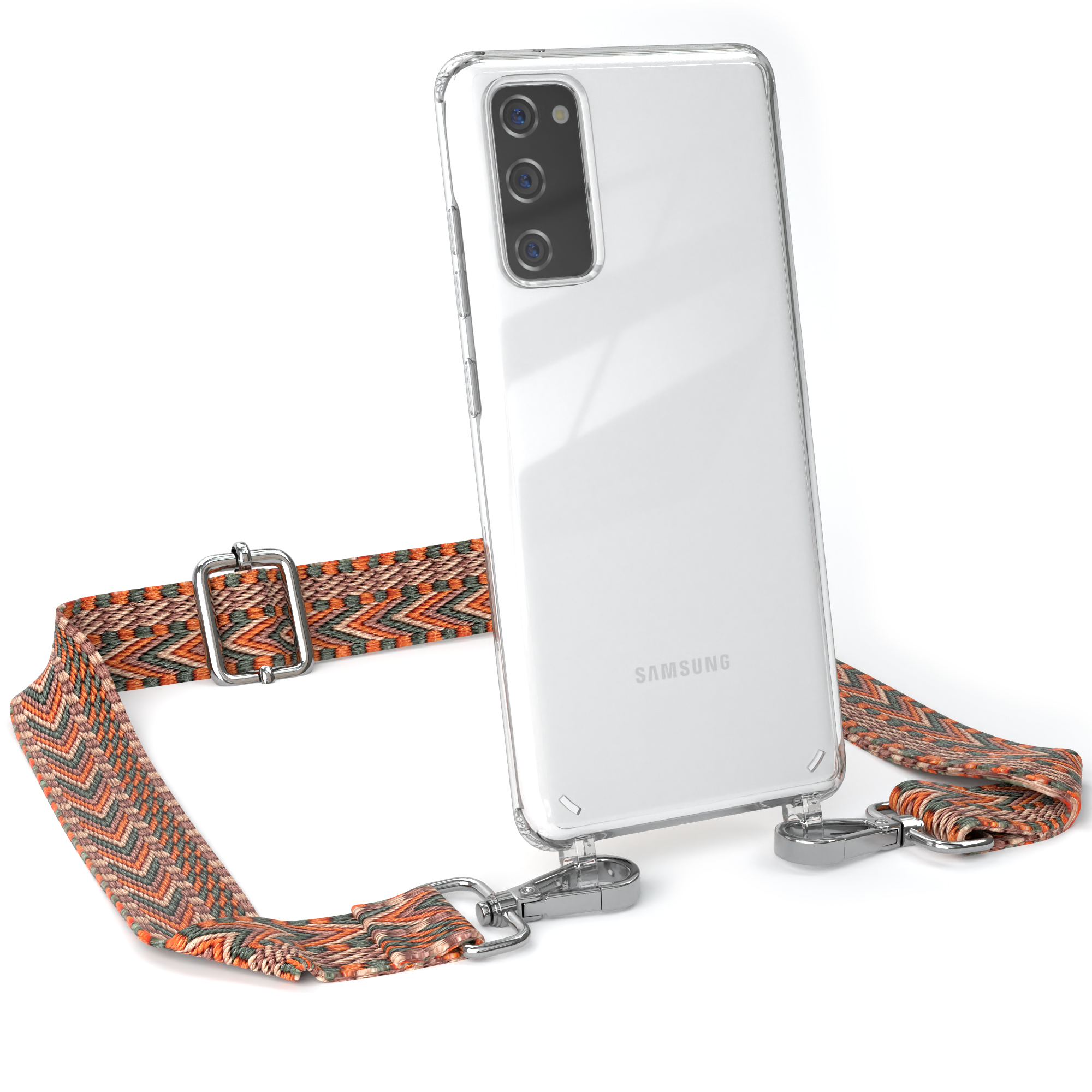 Transparente Handyhülle mit Samsung, Gurt mit orange-grauem Zickzackmuster, silberner Schnalle.