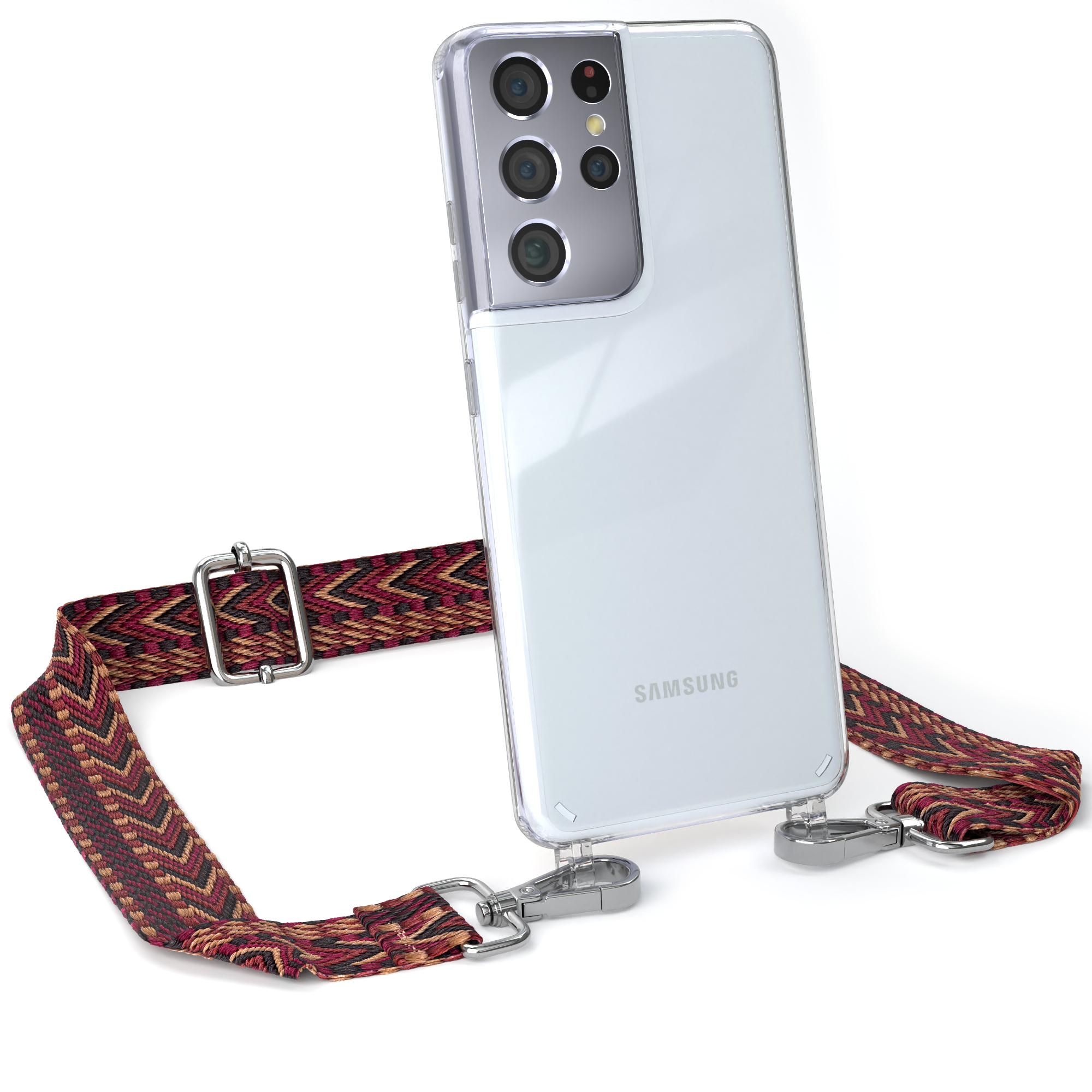 CASE Ultra Galaxy EAZY Style, S21 Kordel Transparente Rot 5G, mit Umhängetasche, Boho Samsung, / Handyhülle Braun