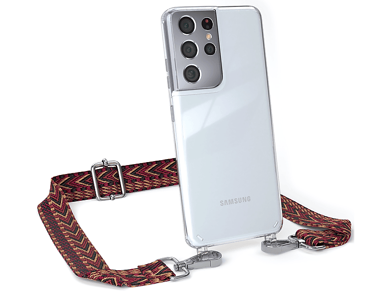 Style, Braun Kordel EAZY Rot Handyhülle Samsung, S21 Ultra mit Umhängetasche, / Boho Transparente 5G, Galaxy CASE