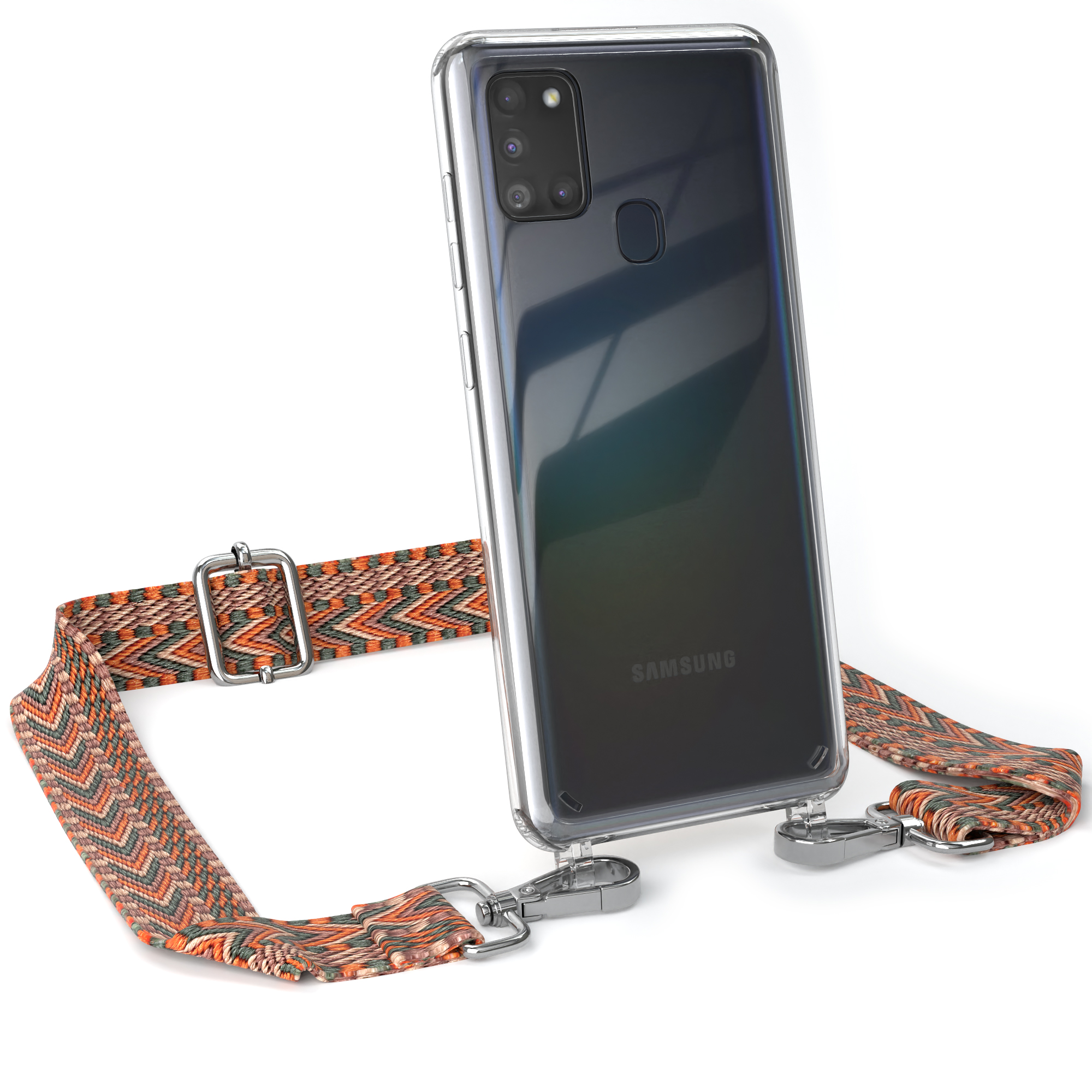 Transparente Handyhülle mit orangefarbenem Riemen. Samsung-Telefon. Weißer Hintergrund.