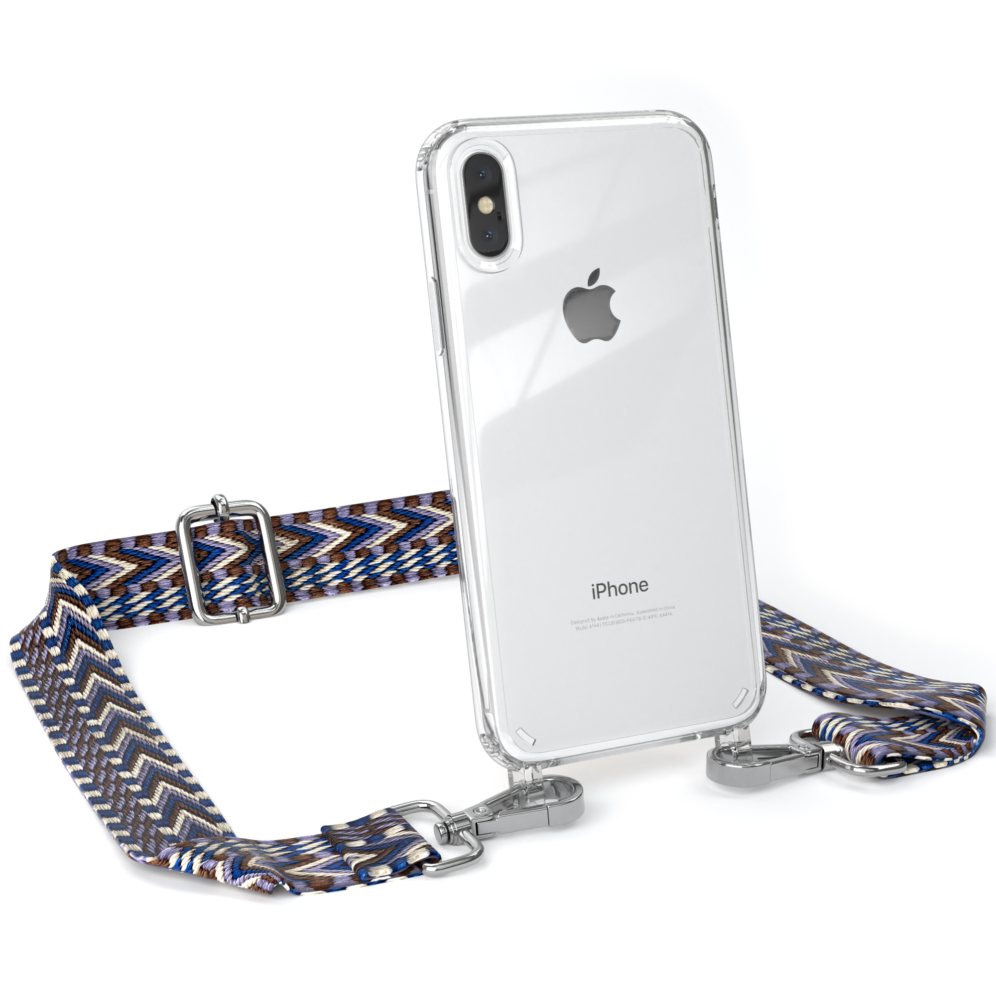 EAZY CASE Transparente Handyhülle iPhone mit Umhängetasche, Apple, Weiß Blau Kordel / XS Boho Style, Max
