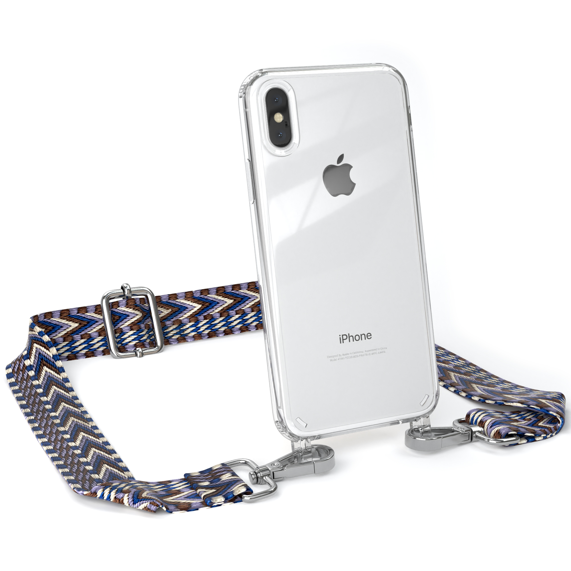 Transparente iPhone-Hülle mit Lanyard. Riemen mit blauem und braunem Zickzackmuster.