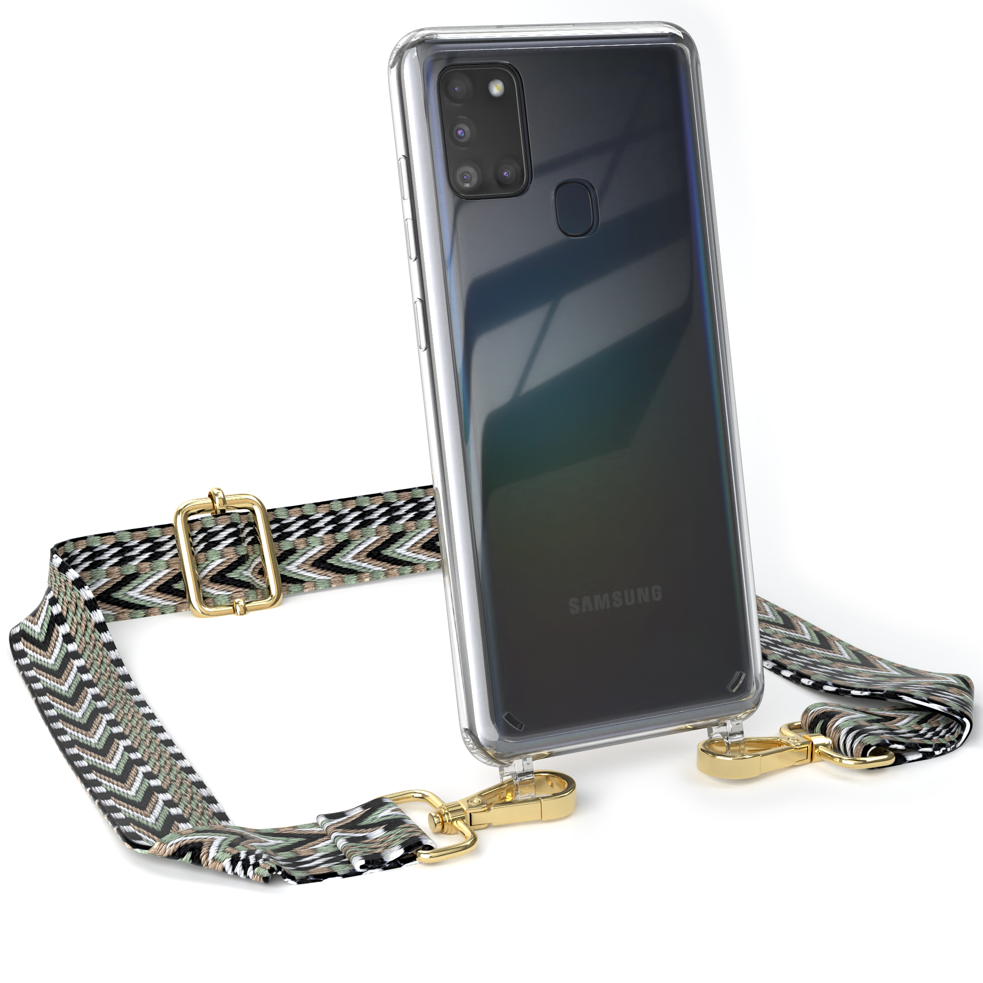 Umhängetasche, / CASE Grün Boho Samsung, mit Schwarz Kordel Transparente EAZY Handyhülle Style, A21s, Galaxy