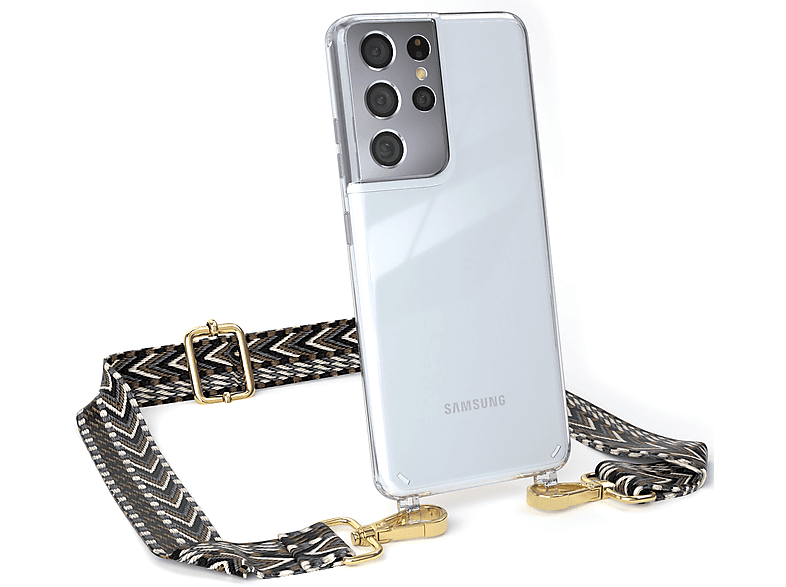 EAZY CASE Transparente Handyhülle mit Kordel Boho Style, Umhängetasche, Samsung, Galaxy S21 Ultra 5G, Schwarz / Grau