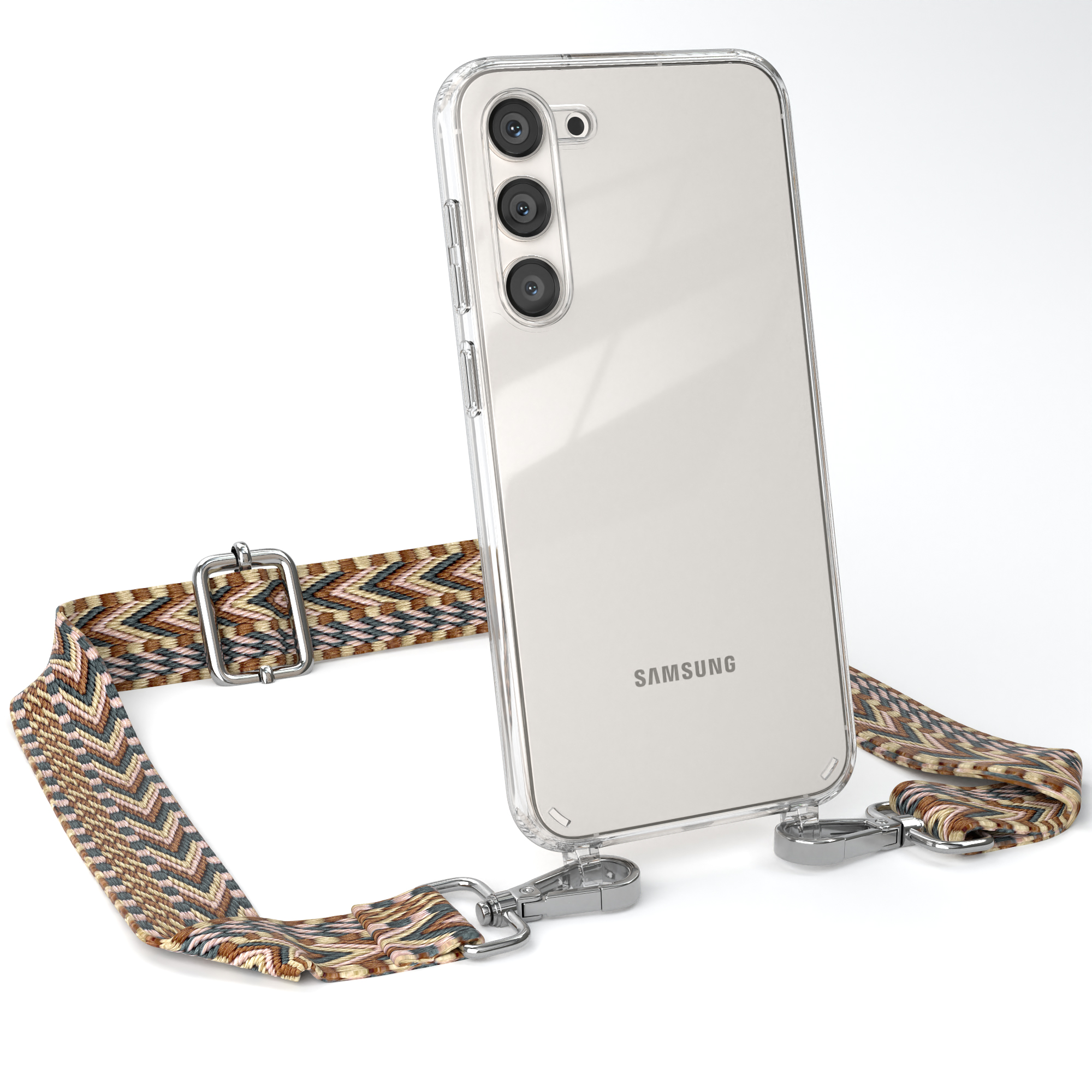 Samsung-Telefon in klarer Hülle mit Riemen. Riemen mit braun, schwarz und weiß gemustert.