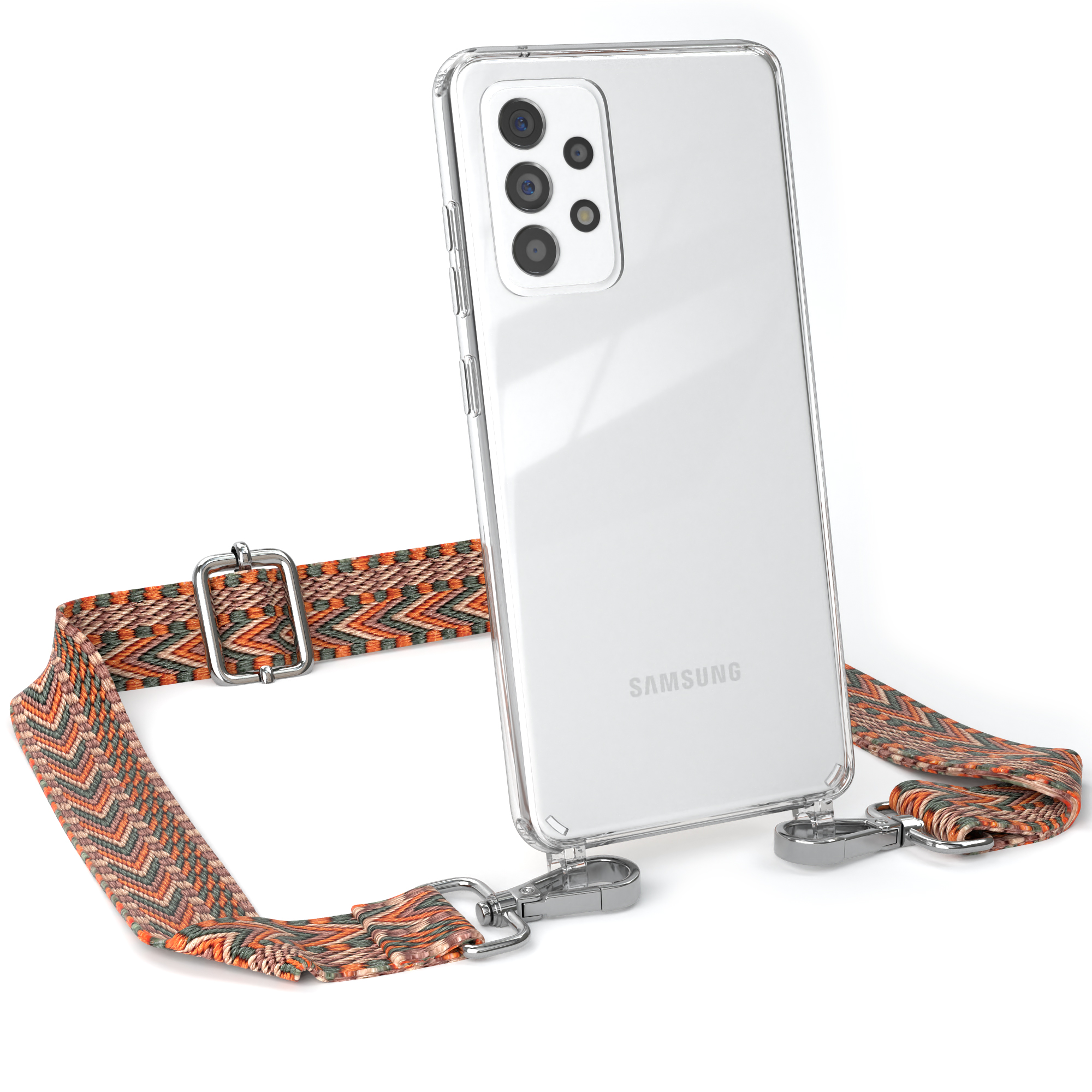 Transparente Handyhülle mit orangefarbenem Riemen, Samsung, weißer Hintergrund.