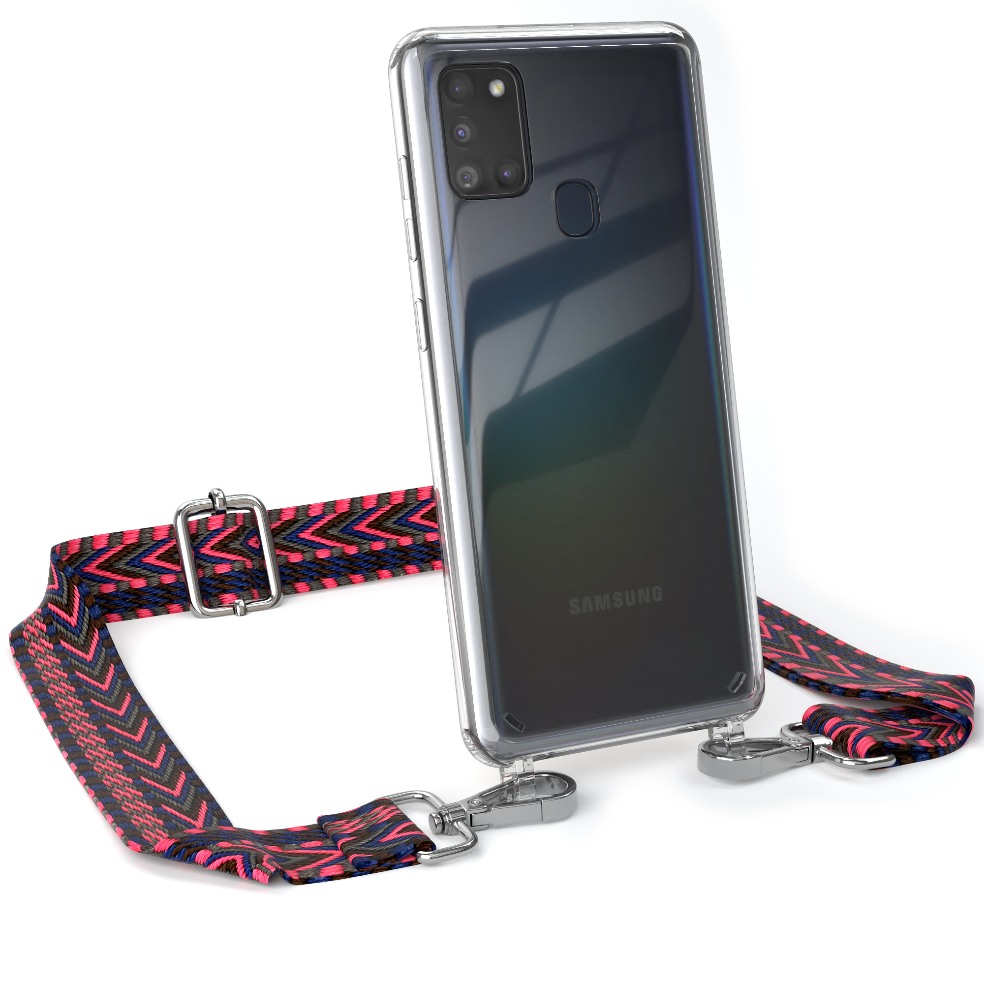 Transparente Handyhülle mit pinkfarbenem Riemen. Telefon rechts, Riemen links.