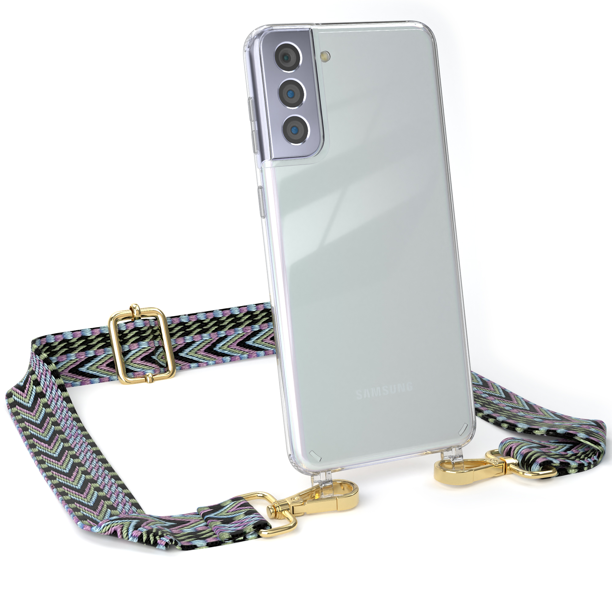 Umhängetasche, Grün mit S21 Handyhülle Boho Galaxy CASE Violett 5G, Samsung, / Transparente EAZY Plus Kordel Style,