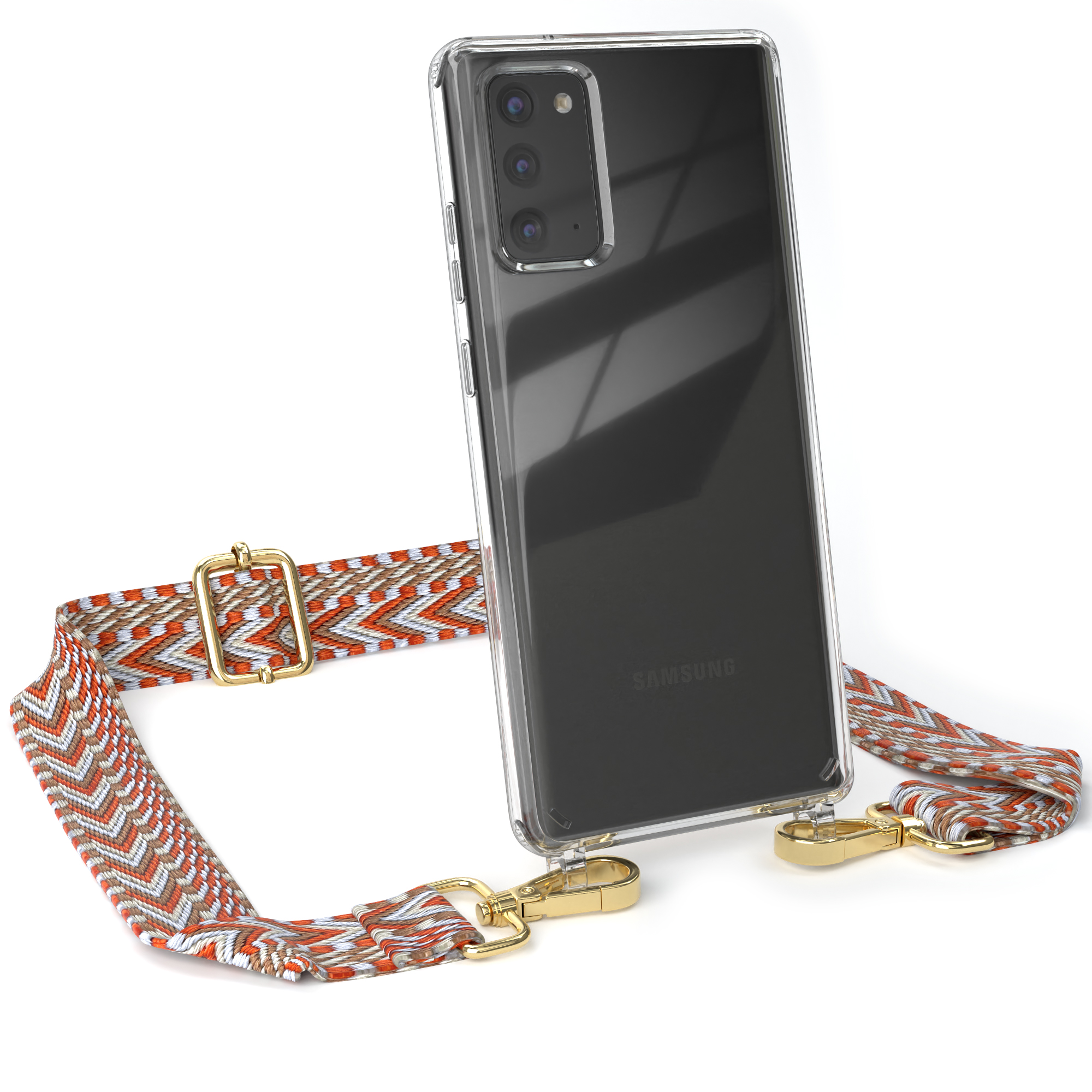 Transparente Handyhülle mit orangefarbenem und weißem Band. Ein Samsung-Telefon befindet sich in der Hülle.