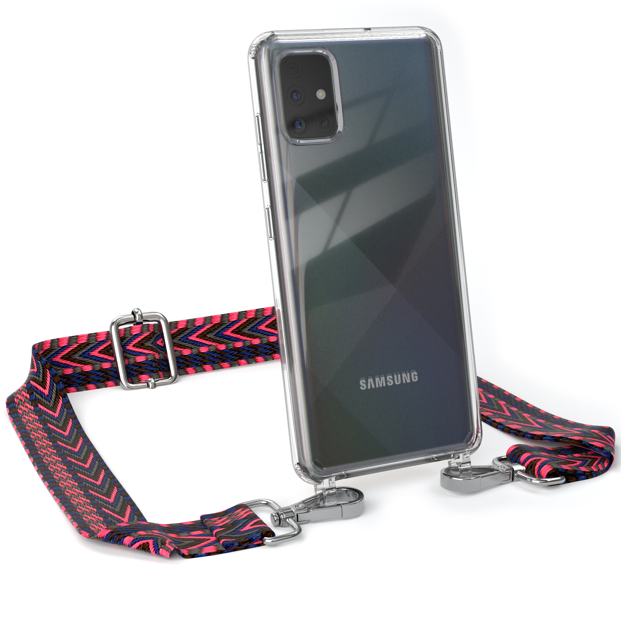 CASE mit EAZY Handyhülle Transparente Umhängetasche, / Samsung, A51, Boho Style, Kordel Pink Galaxy Blau
