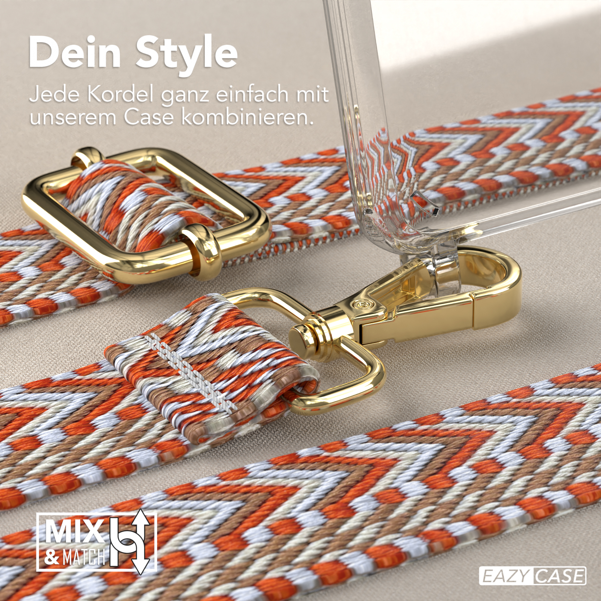 Nahaufnahme eines Telefonriemens in orange-weißen Mustern mit goldenen Metallverschlüssen.