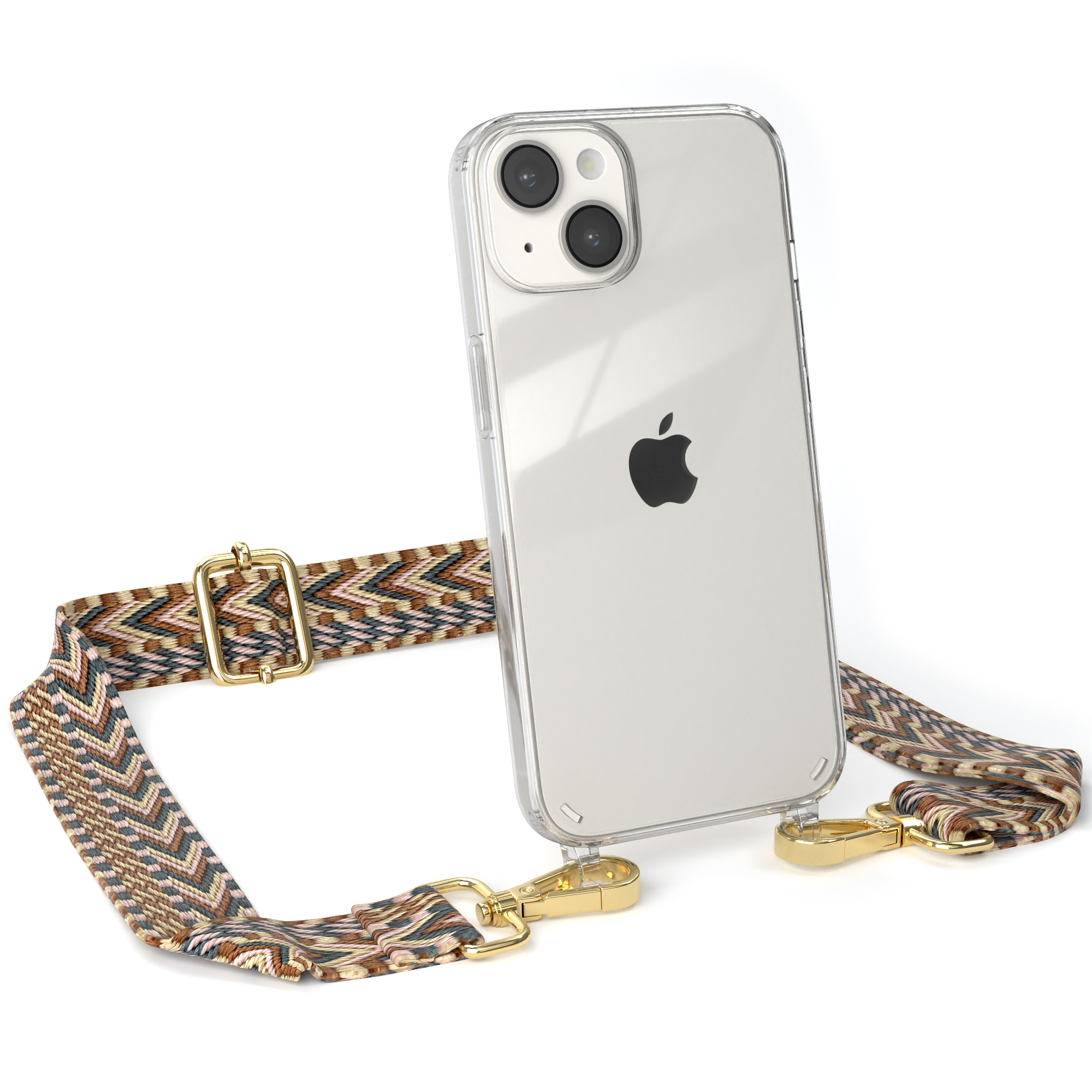 Eine Handyhülle mit gemustertem Riemen. Das Telefon ist transparent und hat ein iPhone-Logo.