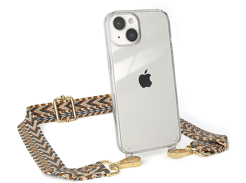 EAZY CASE Transparente Boho Mix iPhone Braun Handyhülle Apple, 14, mit Umhängetasche, Kordel Style