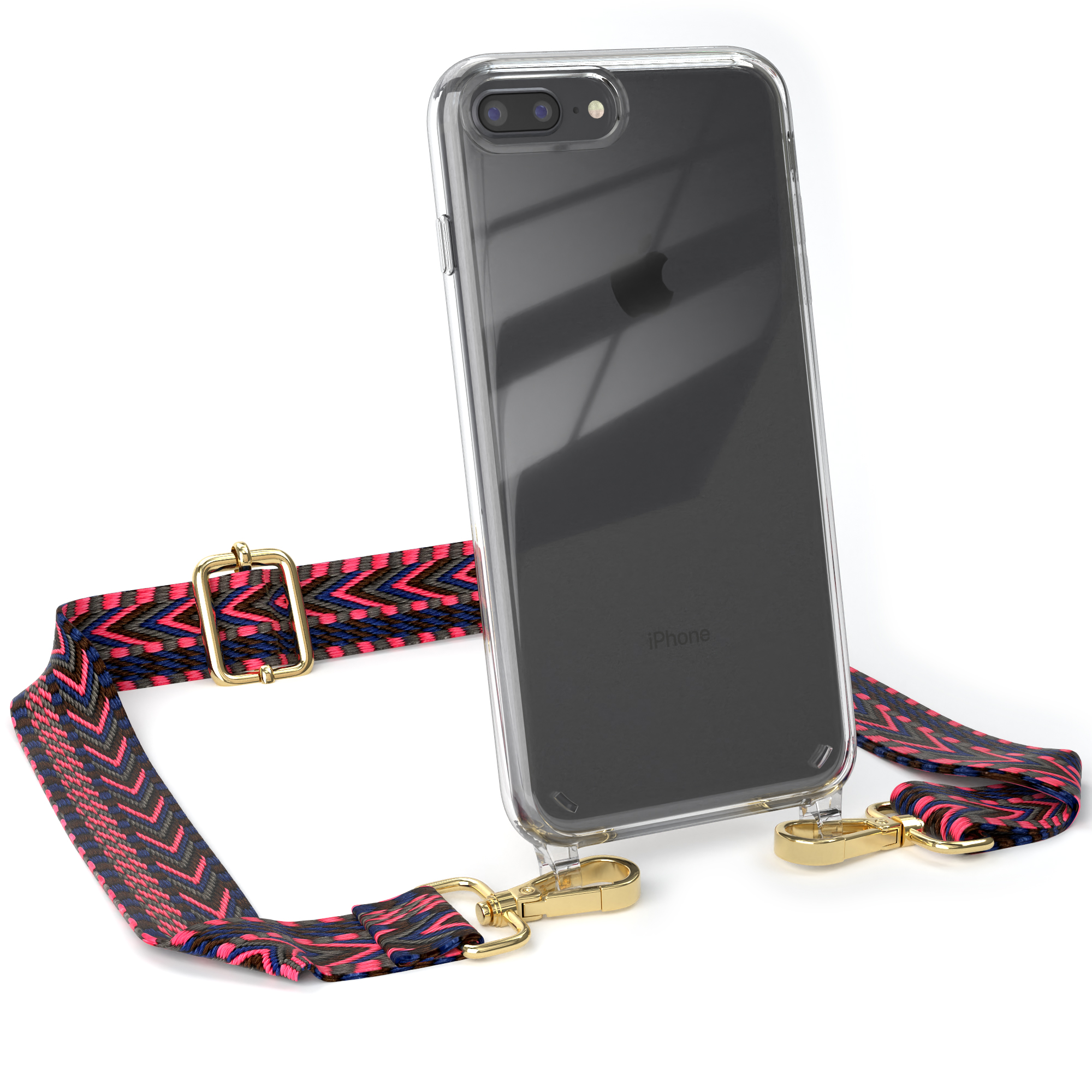 Klares iPhone mit Riemen. Der Riemen ist pink, blau und schwarz. Goldene Hardware.