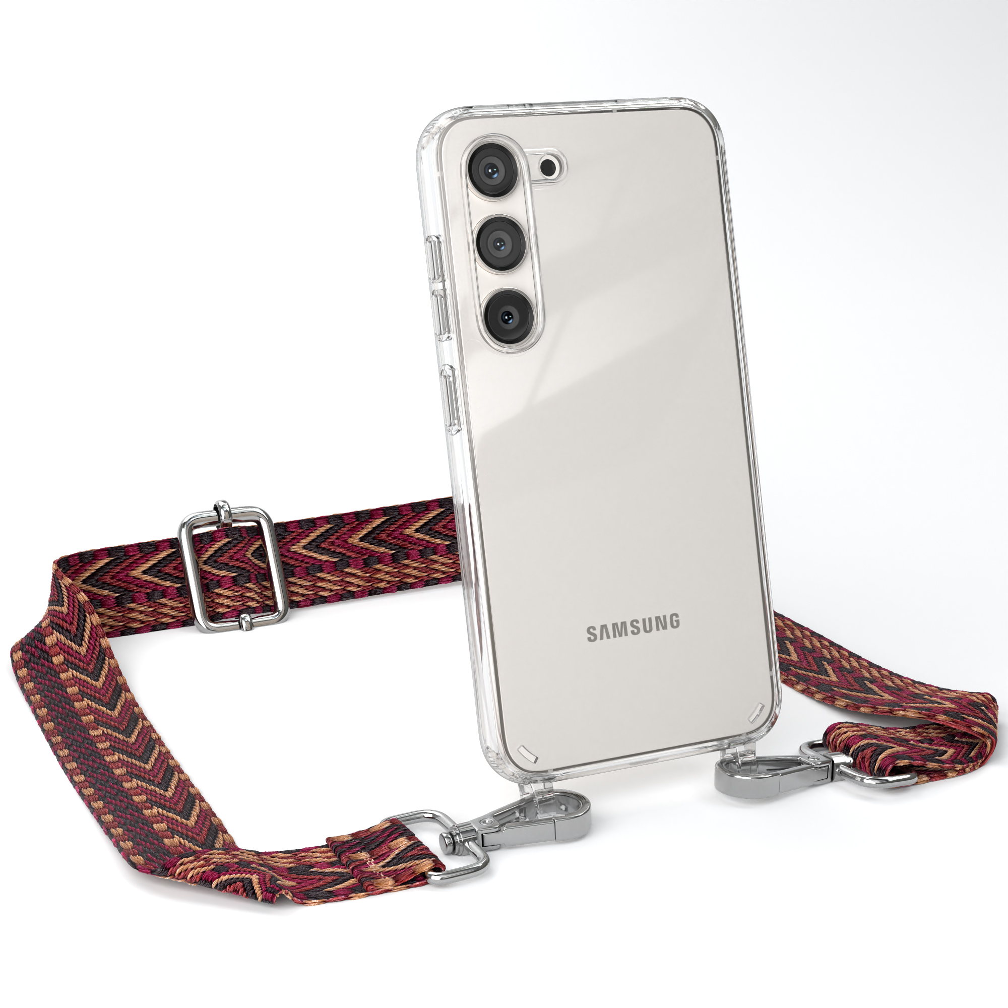 Handyhülle Umhängetasche, Samsung, Rot / S23, EAZY CASE Kordel Style, Galaxy Braun mit Transparente Boho