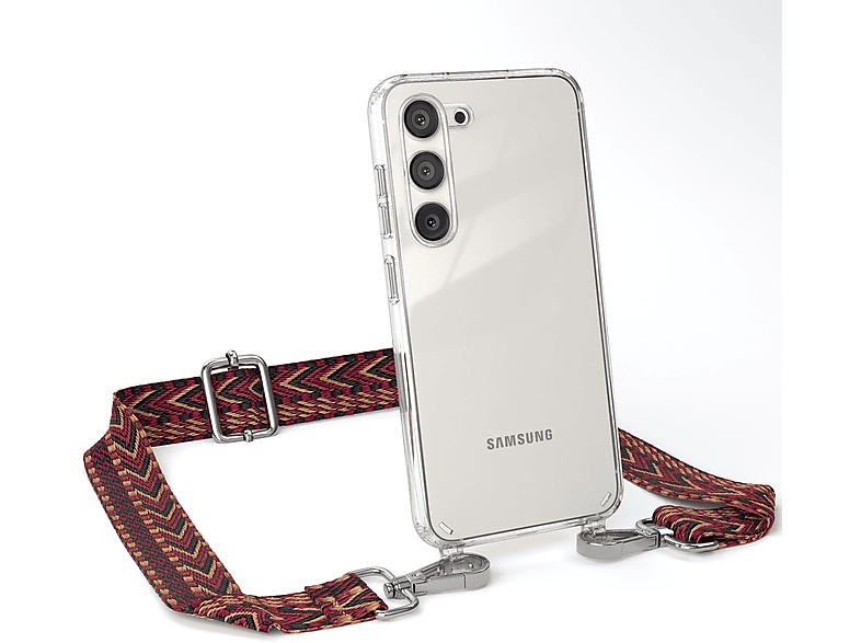 Handyhülle Umhängetasche, Samsung, Rot / S23, EAZY CASE Kordel Style, Galaxy Braun mit Transparente Boho