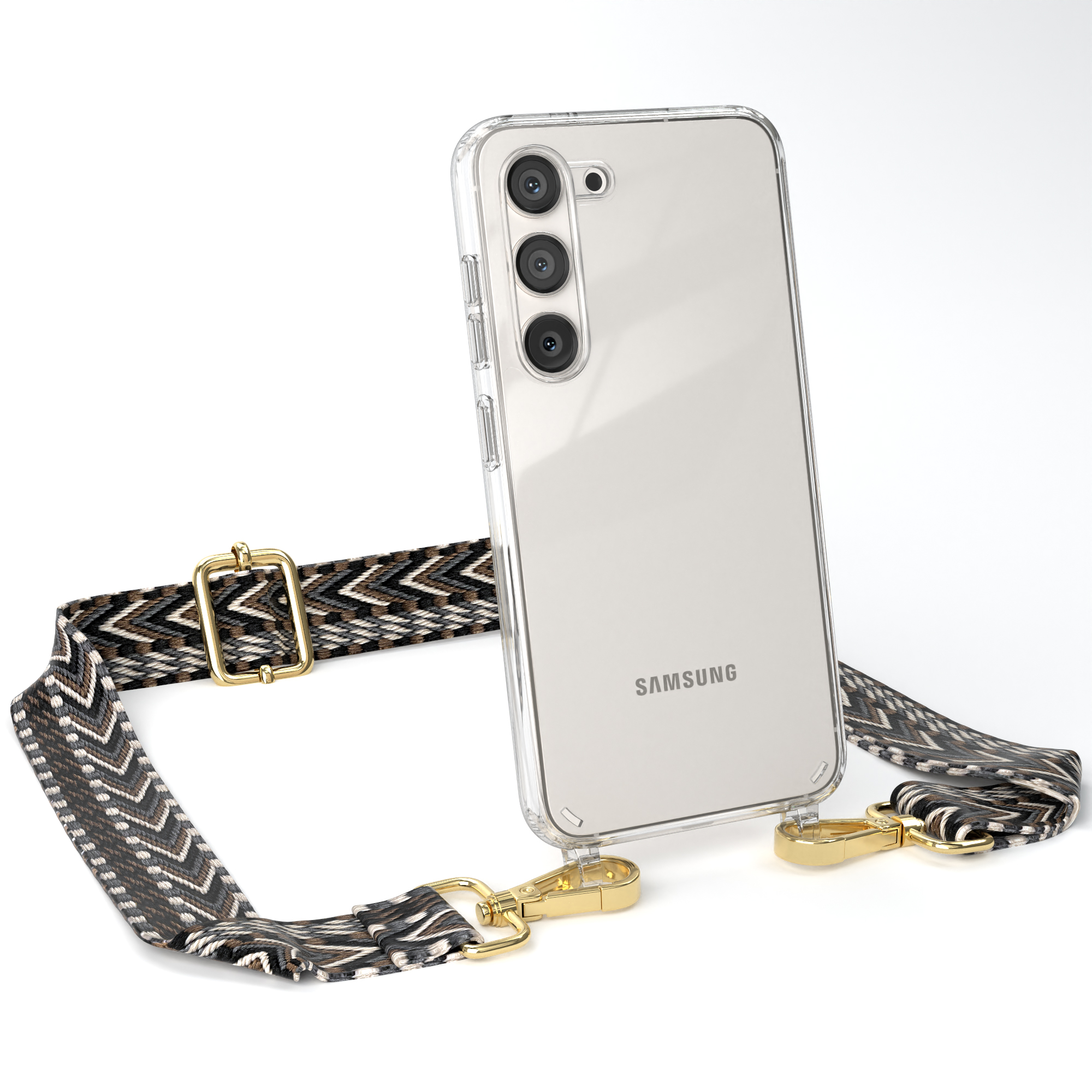 Telefon in klarer Hülle mit schwarz-weiß gemustertem Riemen. Goldene Verschlüsse. Weißer Hintergrund.