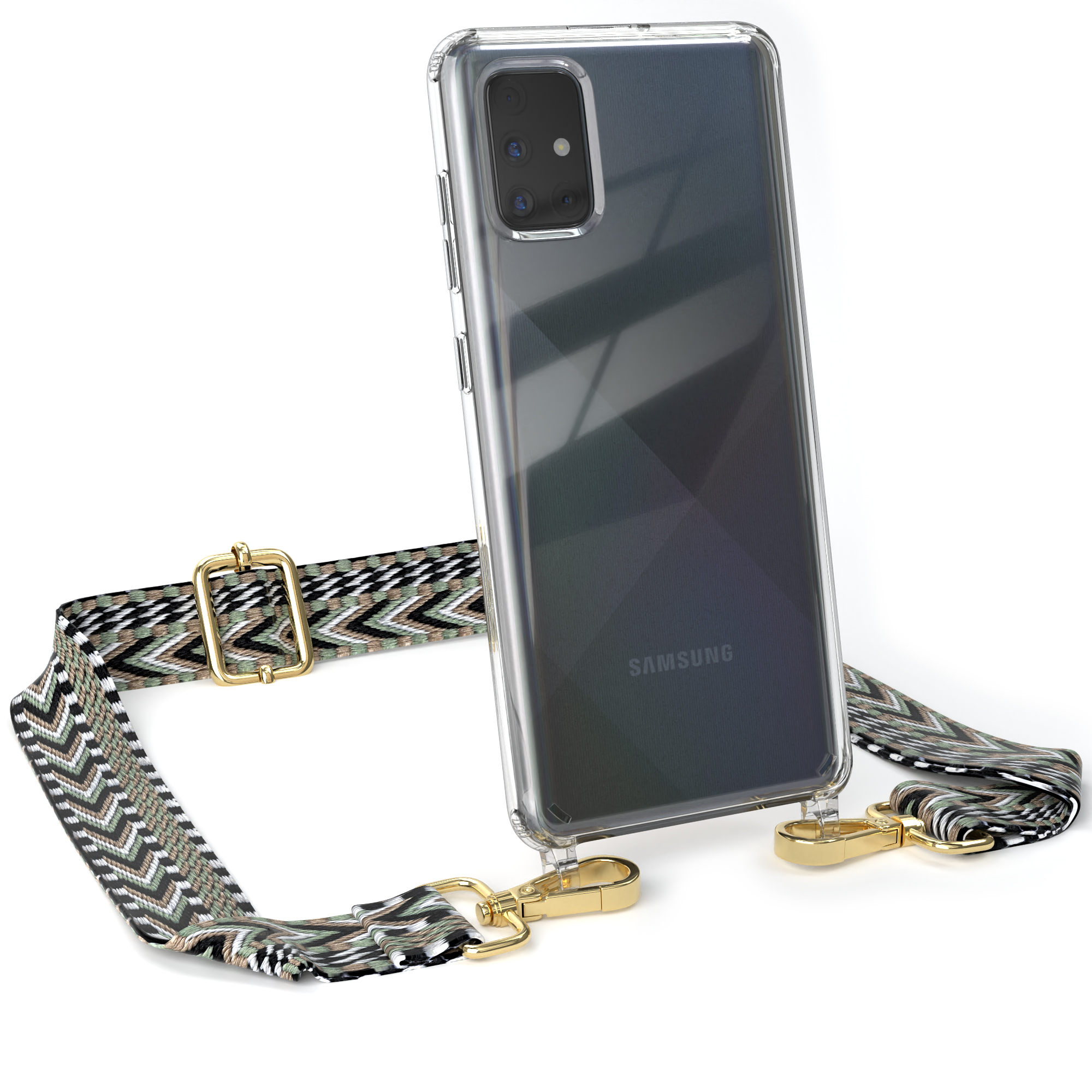 / Handyhülle EAZY A71, Samsung, Kordel Style, Schwarz CASE mit Umhängetasche, Boho Galaxy Grün Transparente