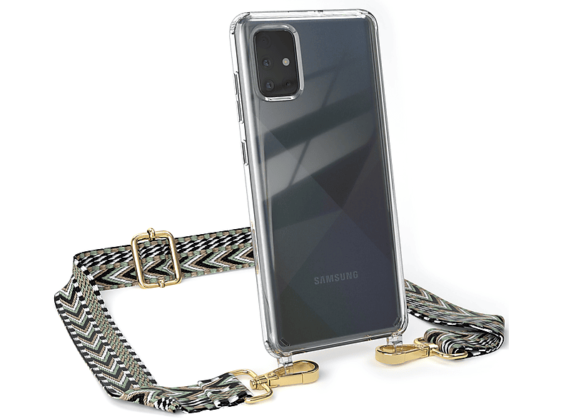 / Handyhülle EAZY A71, Samsung, Kordel Style, Schwarz CASE mit Umhängetasche, Boho Galaxy Grün Transparente